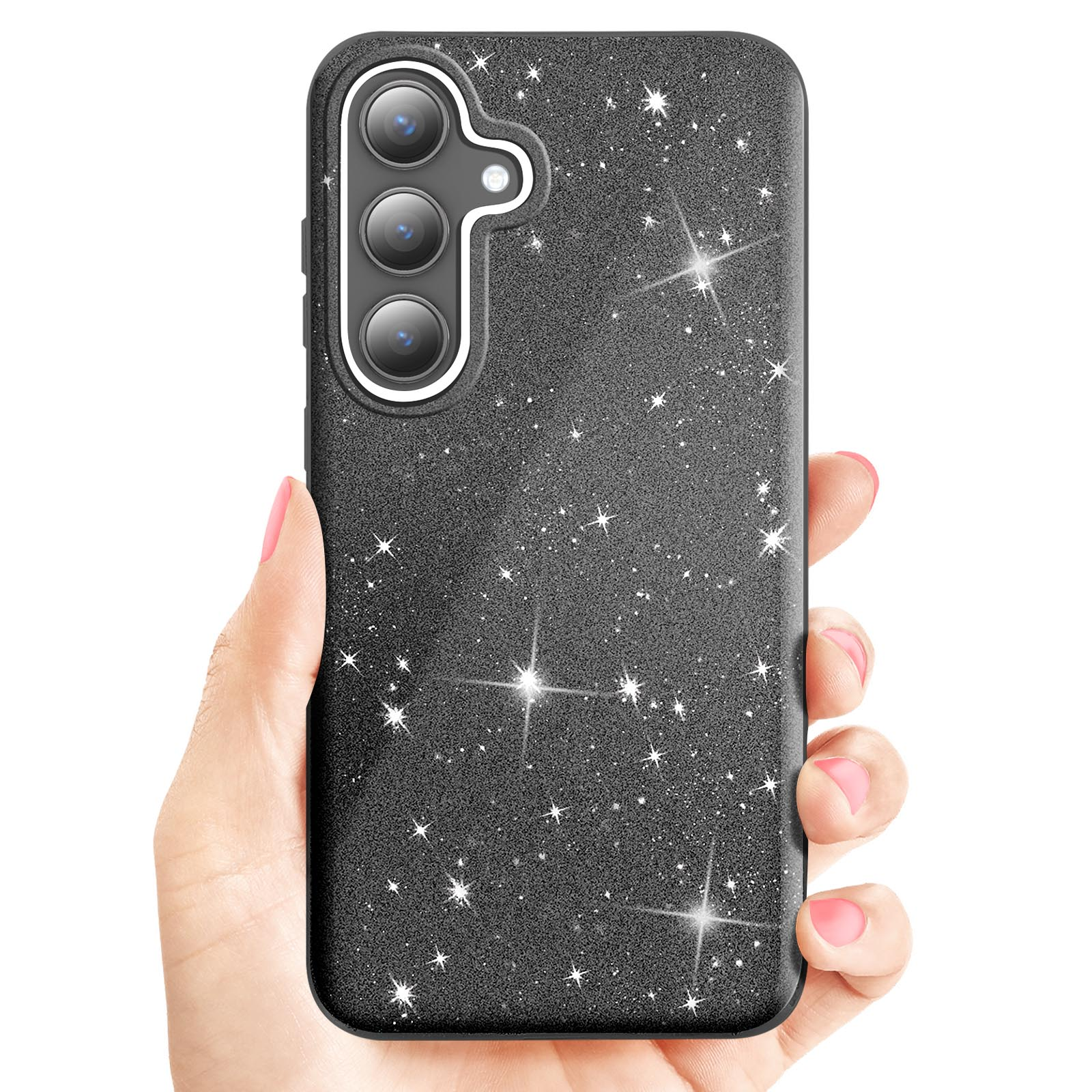 La mano di una donna che tiene una custodia per telefono nera glitterata con schermo nero. Sfondo bianco.