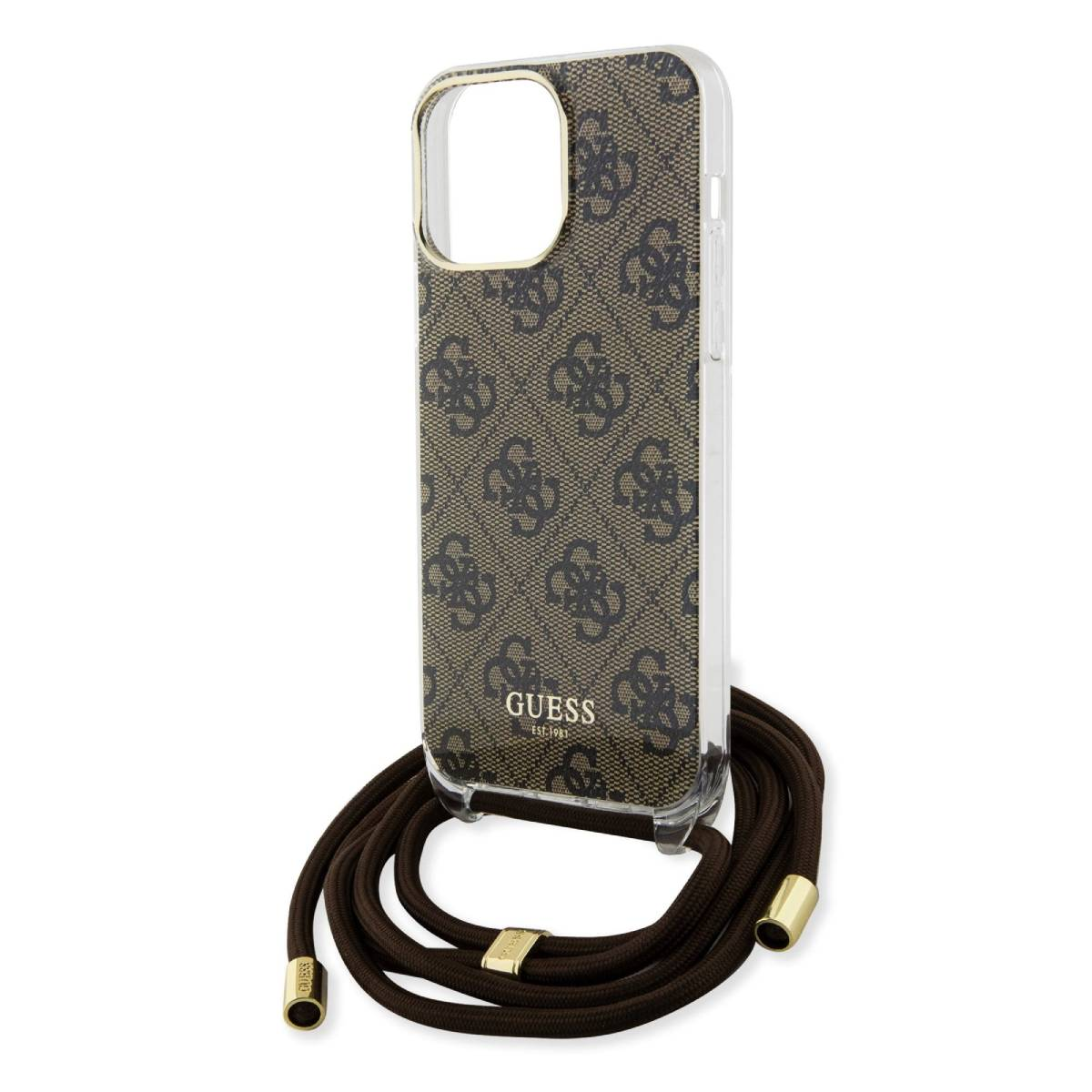 Una custodia per telefono Guess con un motivo a logo ripetuto marrone e grigio. C'è un cordino marrone. Sfondo bianco.