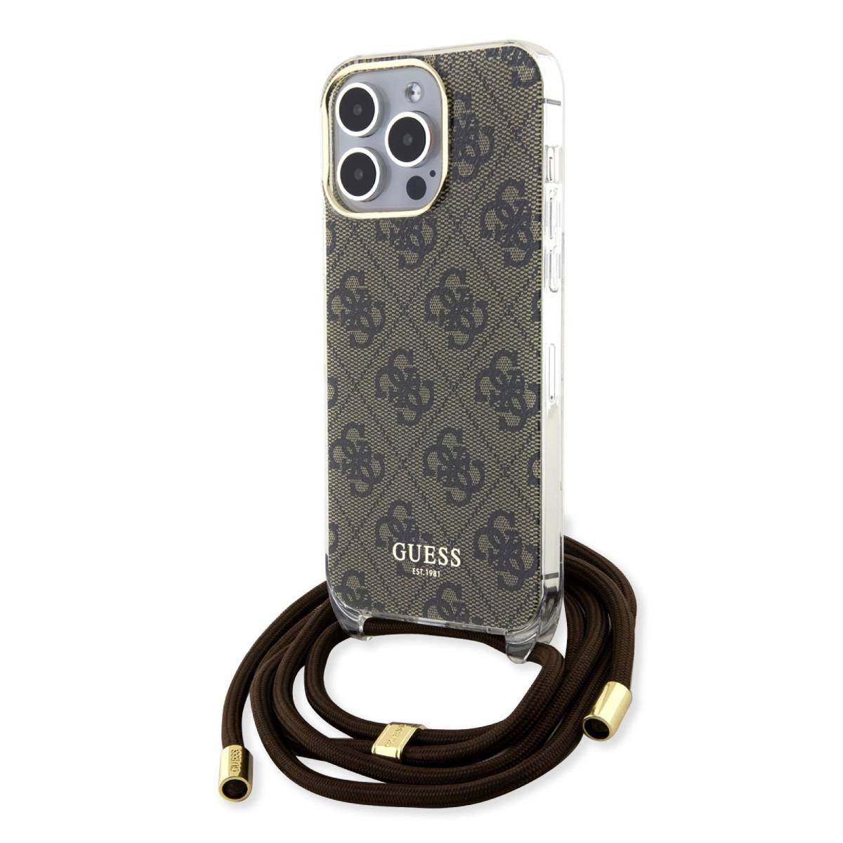 Custodia per telefono con logo Guess marrone. Cinturino marrone con dettagli dorati. Sfondo bianco. Telefono ha tre fotocamere.