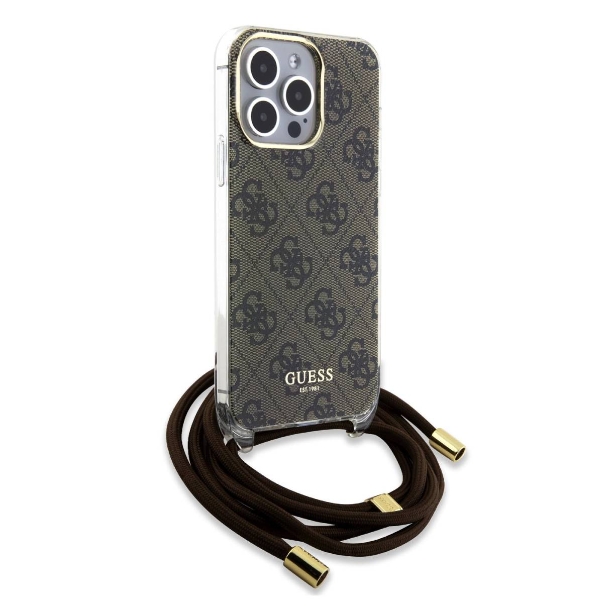 Custodia per telefono con logo Guess marrone. Cinturino marrone con dettagli dorati. Sfondo bianco. Telefono ha tre fotocamere.