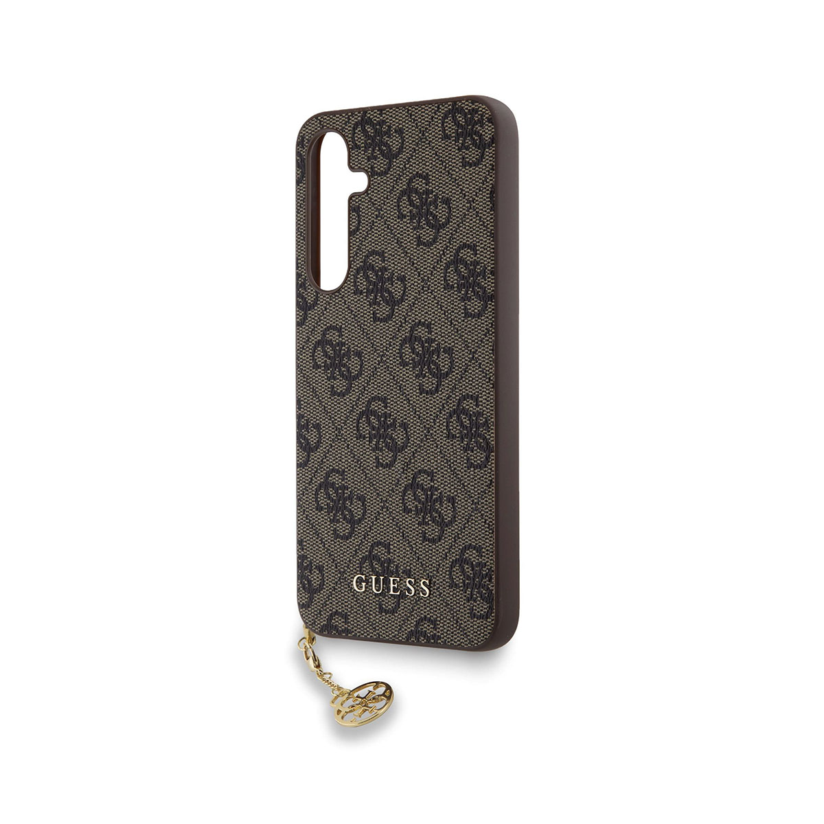 Custodia per telefono con motivo logo Guess marrone e blu scuro, con charm dorato. Sfondo bianco.