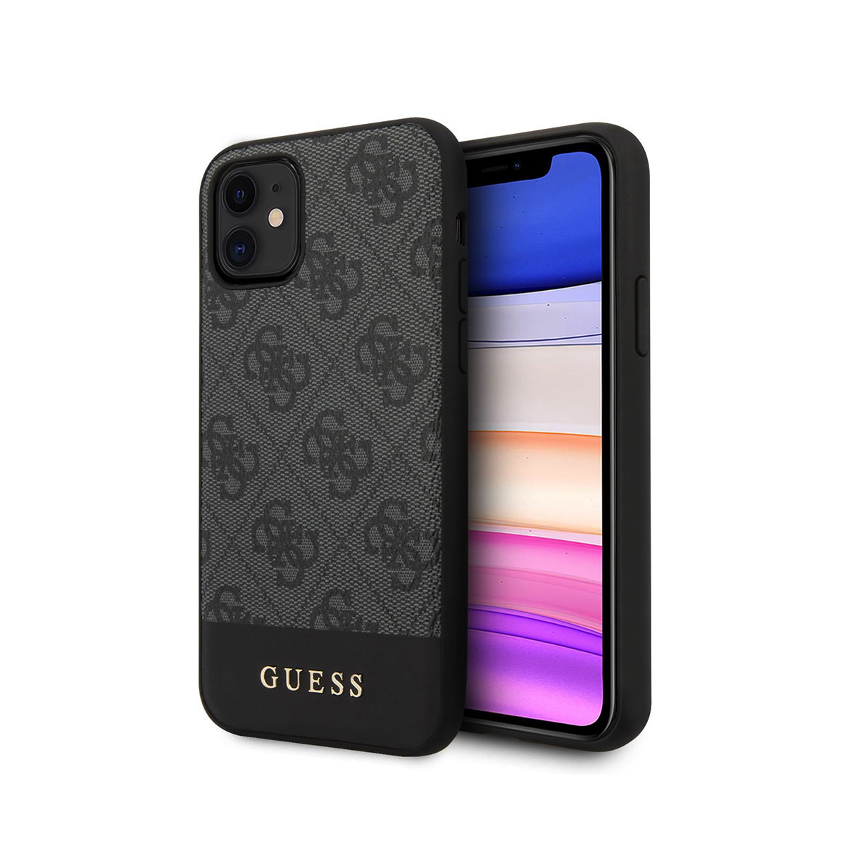 Custodia per telefono Guess nera e grigia su bianco. Il telefono ha uno schermo nero. Logo Guess in basso.