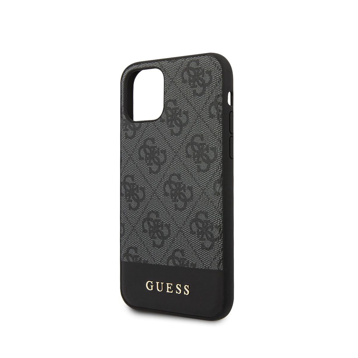 Custodia nera per telefono con motivo logo Guess, parte inferiore nera. Telefono all'interno. Sfondo bianco.