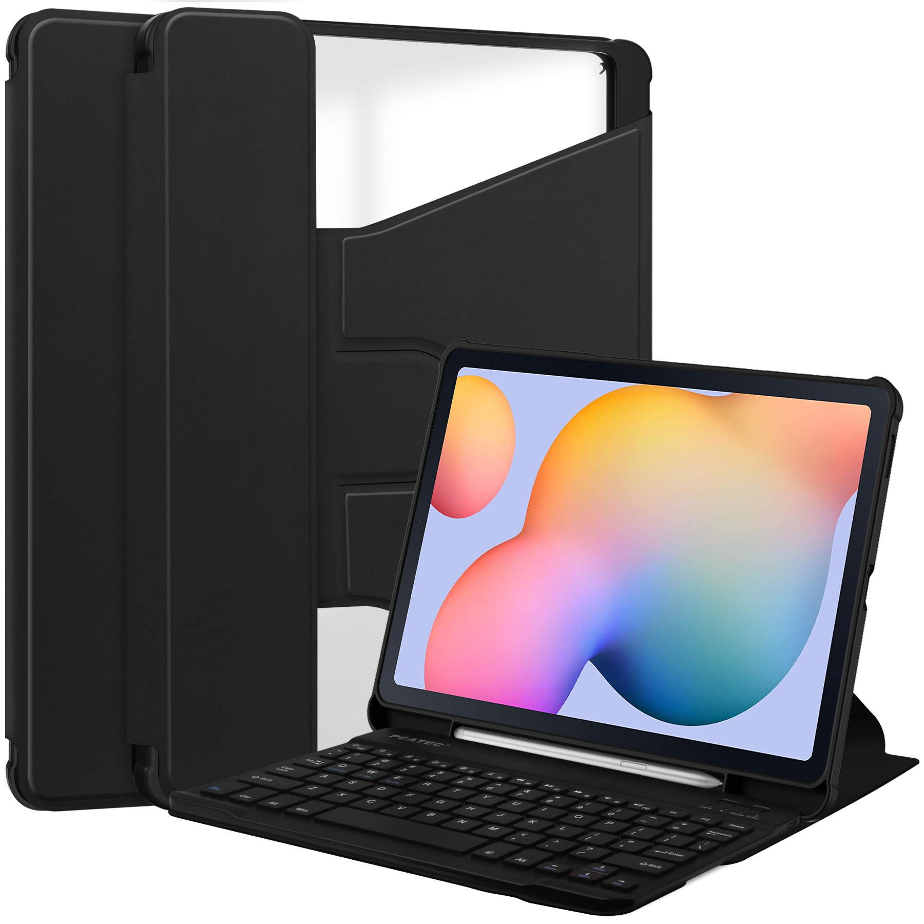 Zwarte tablethoes met tablet en toetsenbord. Witte achtergrond.