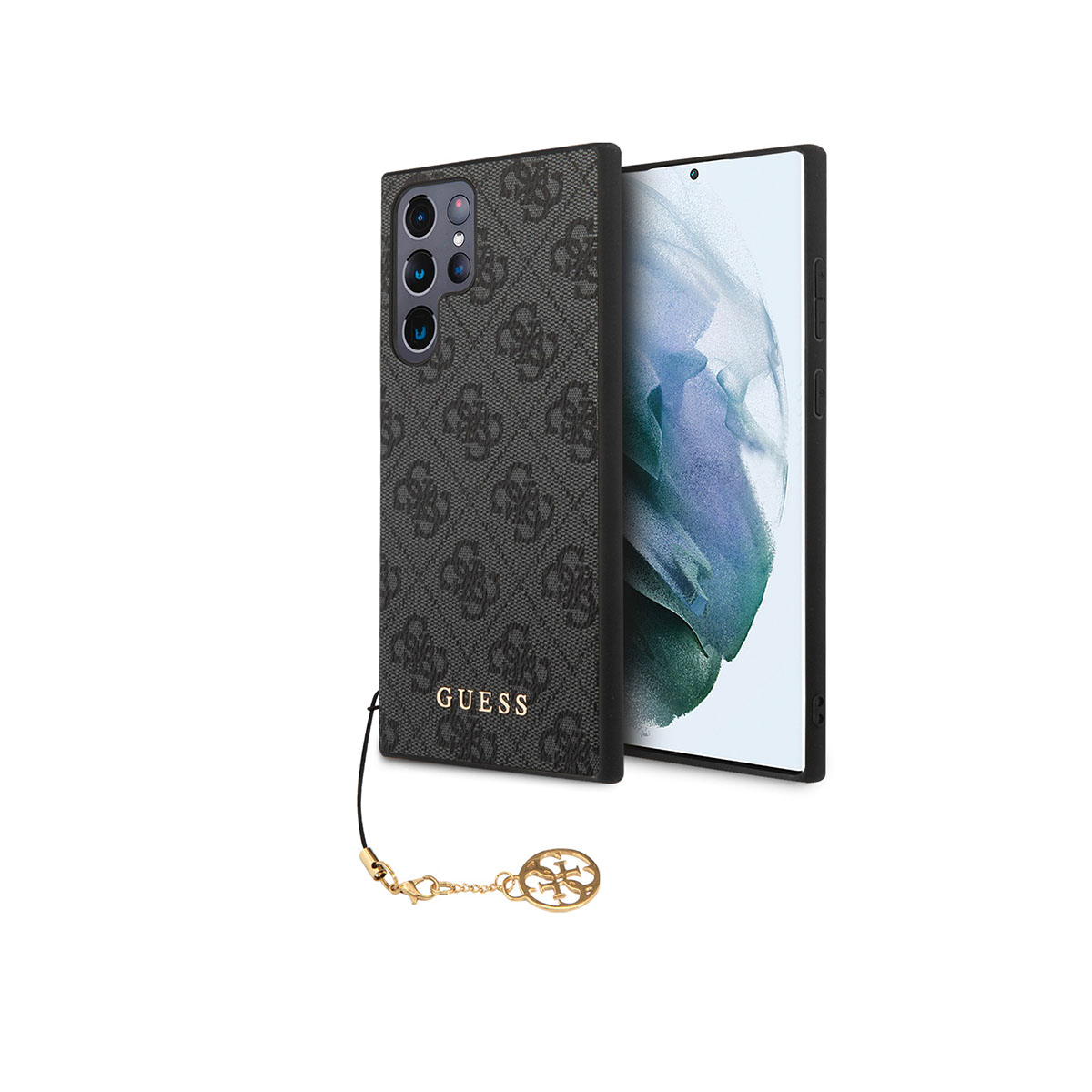 Handyhülle mit Guess-Logo-Muster und Charm. Telefon innen. Weißer Hintergrund.