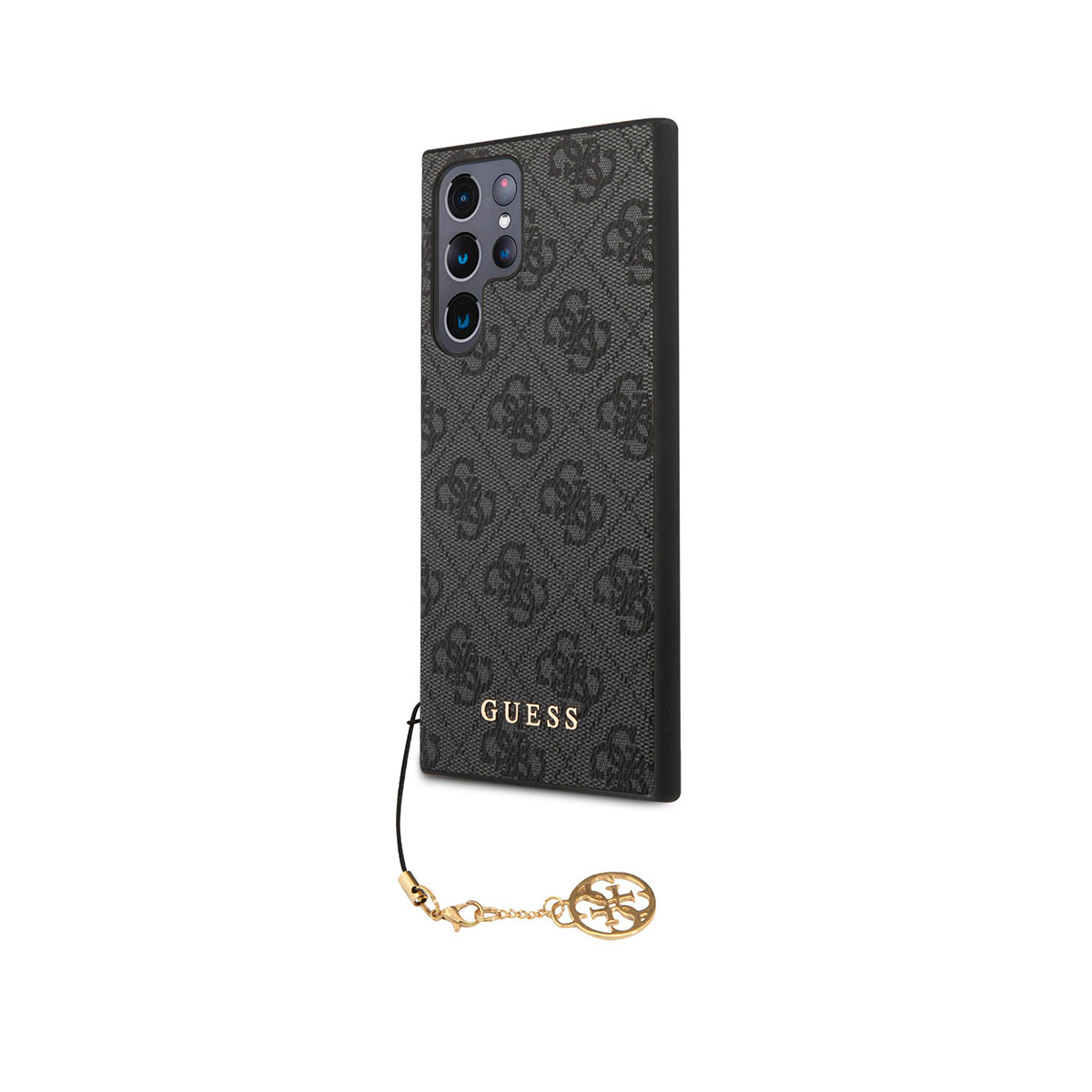 Schwarze und graue Guess-Handyhülle mit goldenem Anhänger. Weißer Hintergrund. Das Telefon hat mehrere Kameras.