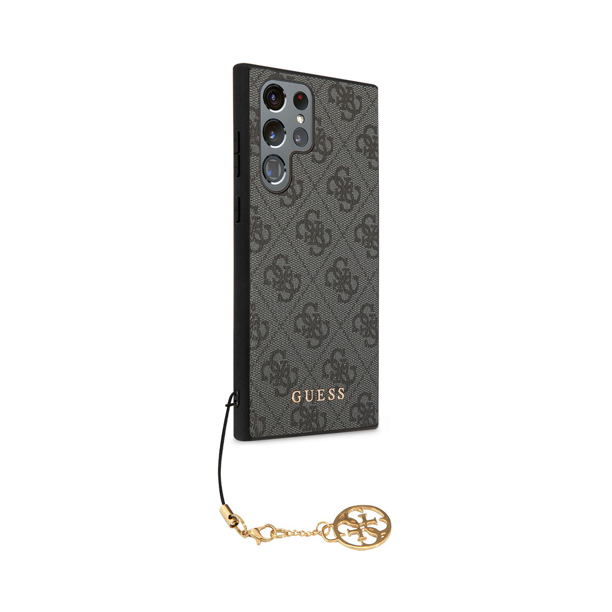 Schwarze und graue Guess-Handyhülle mit goldenem Anhänger. Weißer Hintergrund. Das Telefon hat mehrere Kameras.