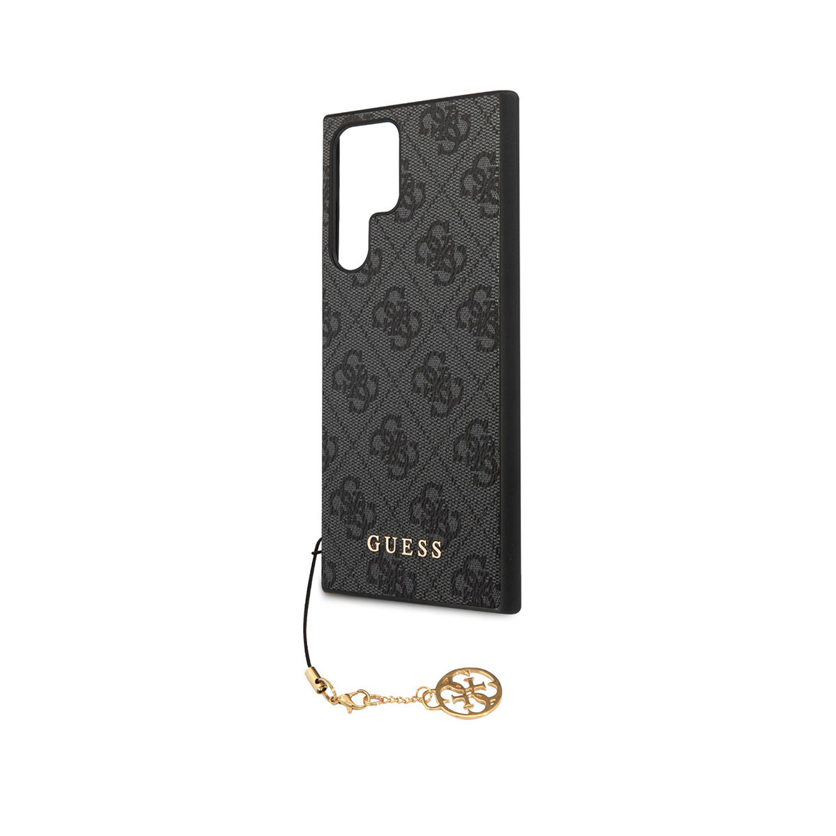 Handyhülle mit Guess-Logo-Muster und Charm. Weißer Hintergrund.