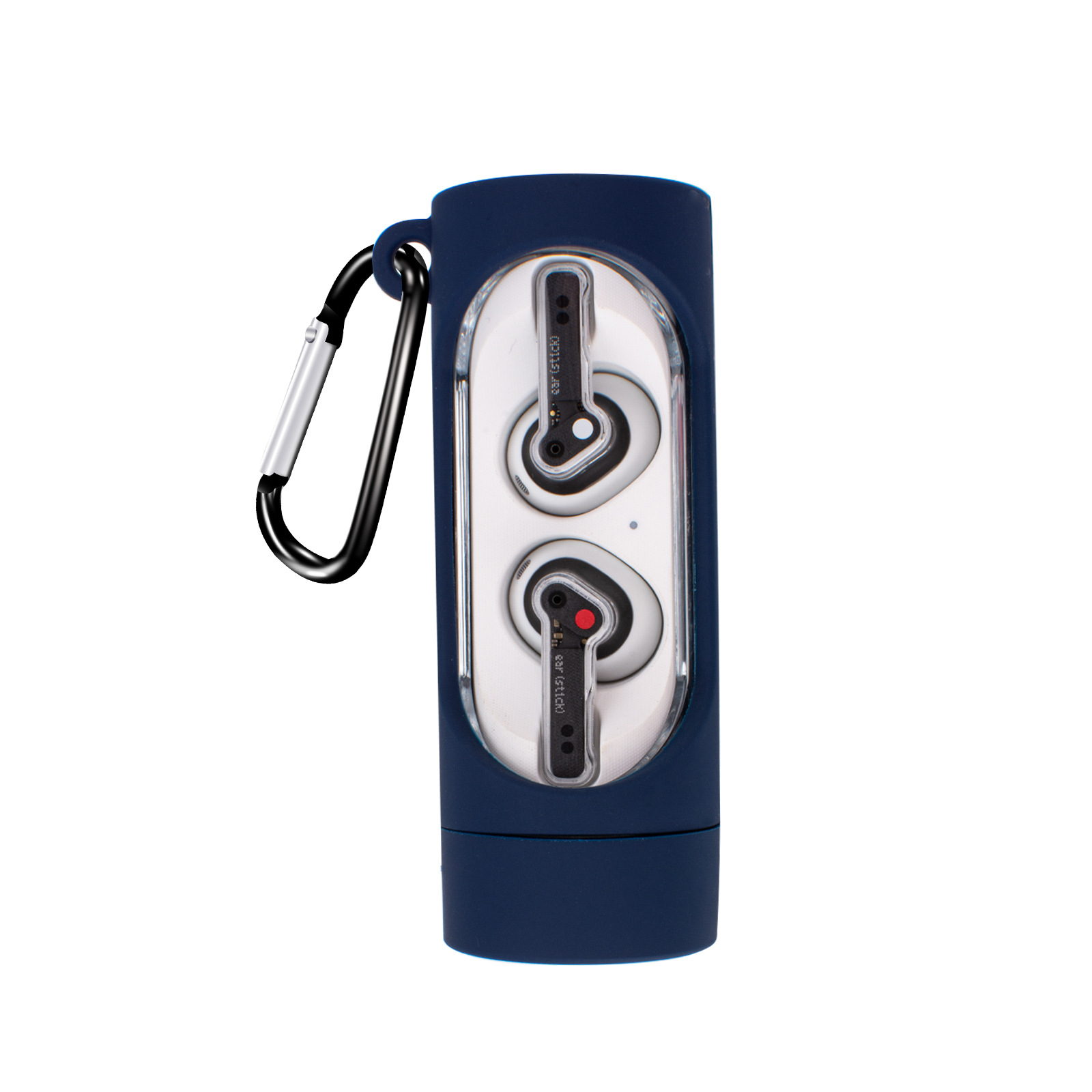 Auricolari in una custodia blu scuro con clip argentata, sfondo bianco.