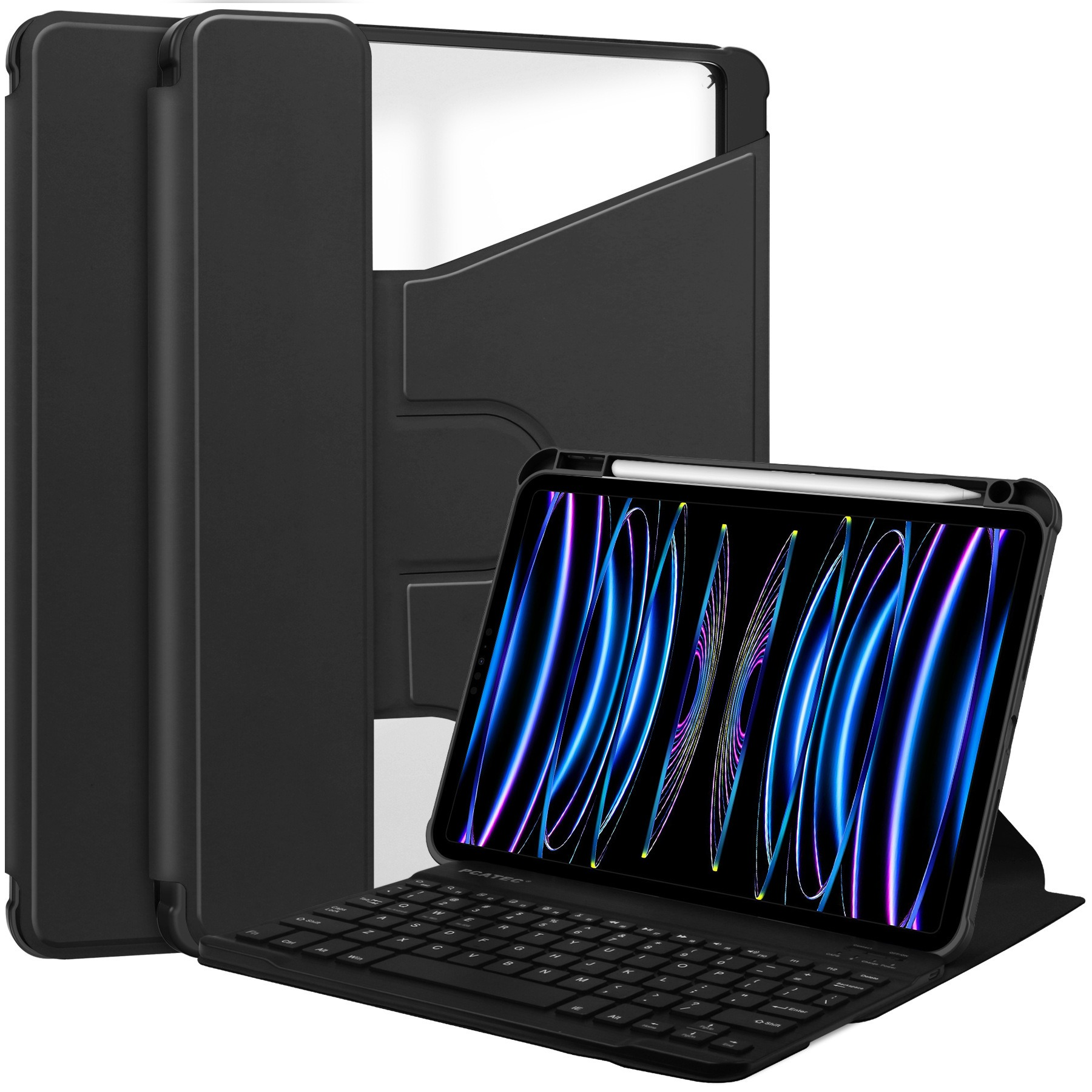 Zwarte tablet met toetsenbordhoes en een tweede hoes erachter. Witte achtergrond. Hoes open, met stylus.