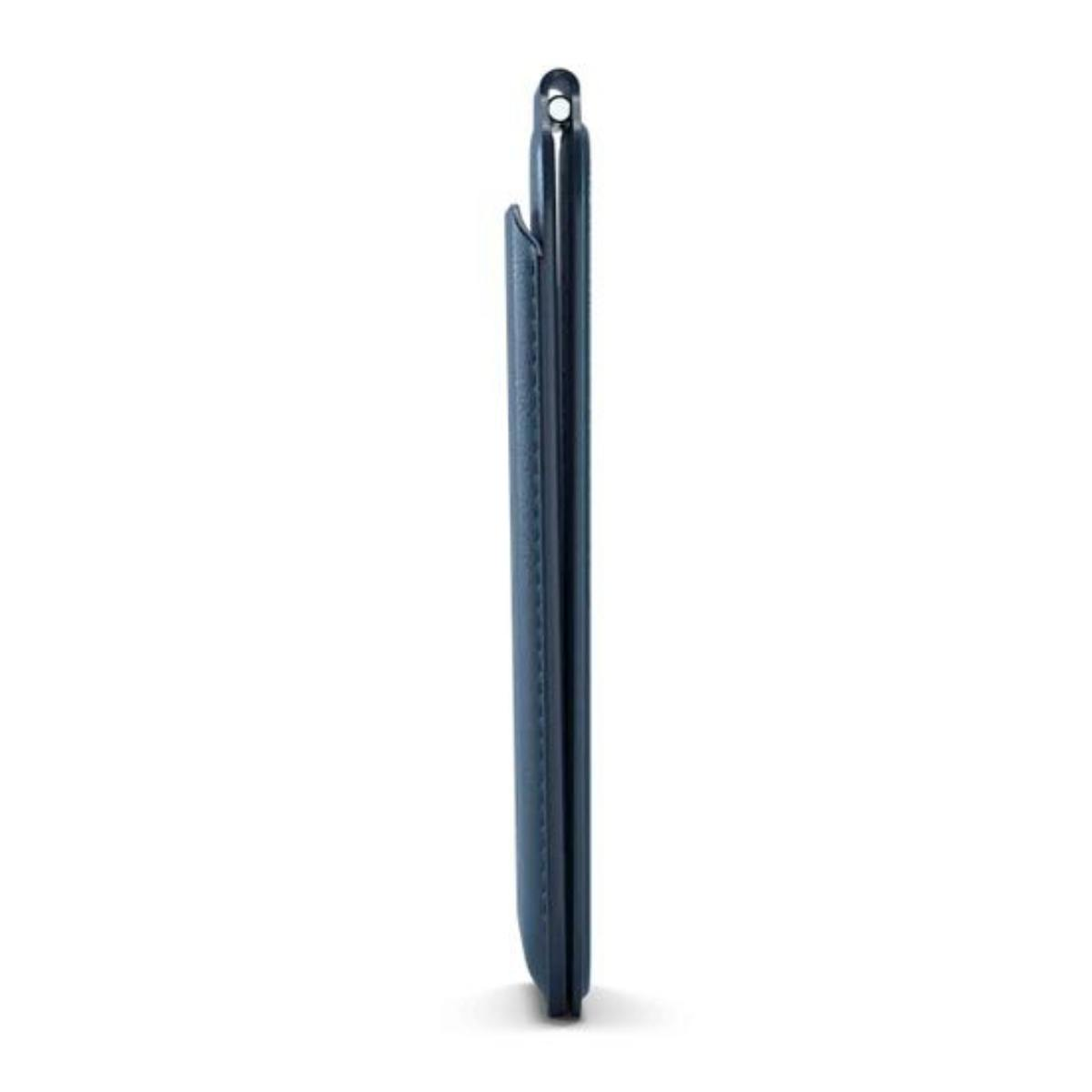 Una custodia blu per telefono è presentata in vista verticale, con un anello in alto.