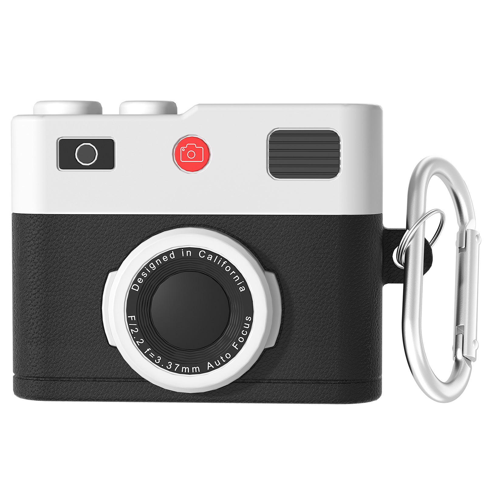 Custodia auricolari a forma di fotocamera, moschettone argento.