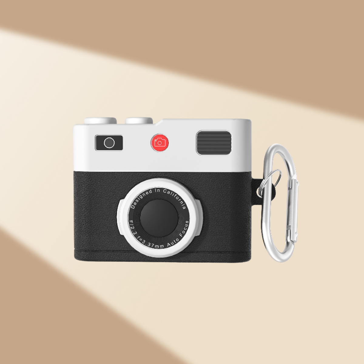 Custodia auricolari a forma di fotocamera, bianco e nero, con moschettone.