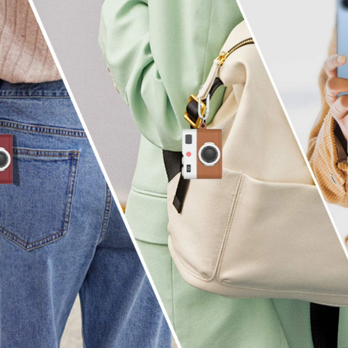 Un collage di tre immagini: un portachiavi a forma di fotocamera in tasca, su una borsa e tenuto da una persona.