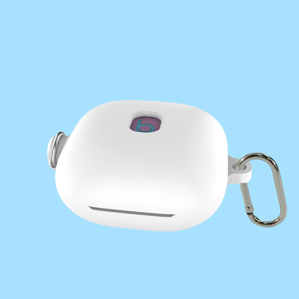 Custodia auricolari bianca con logo, moschettone argento, sfondo blu.