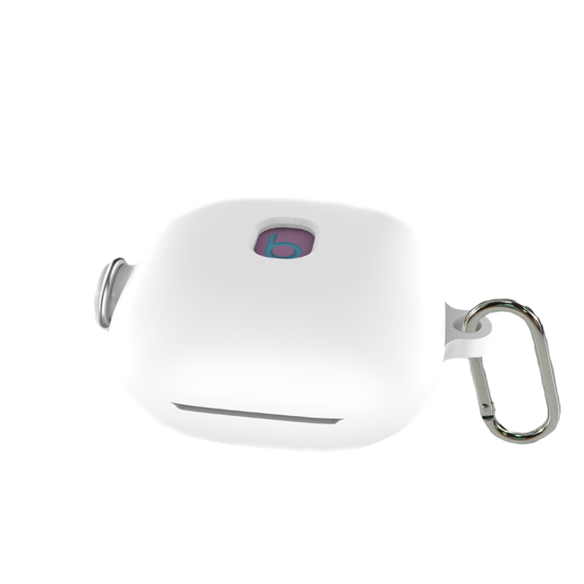Custodia auricolari bianca con logo, moschettone argento, sfondo bianco.