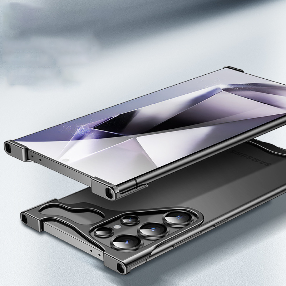 Custodia nera per telefono con cornice. Marchio Samsung.
