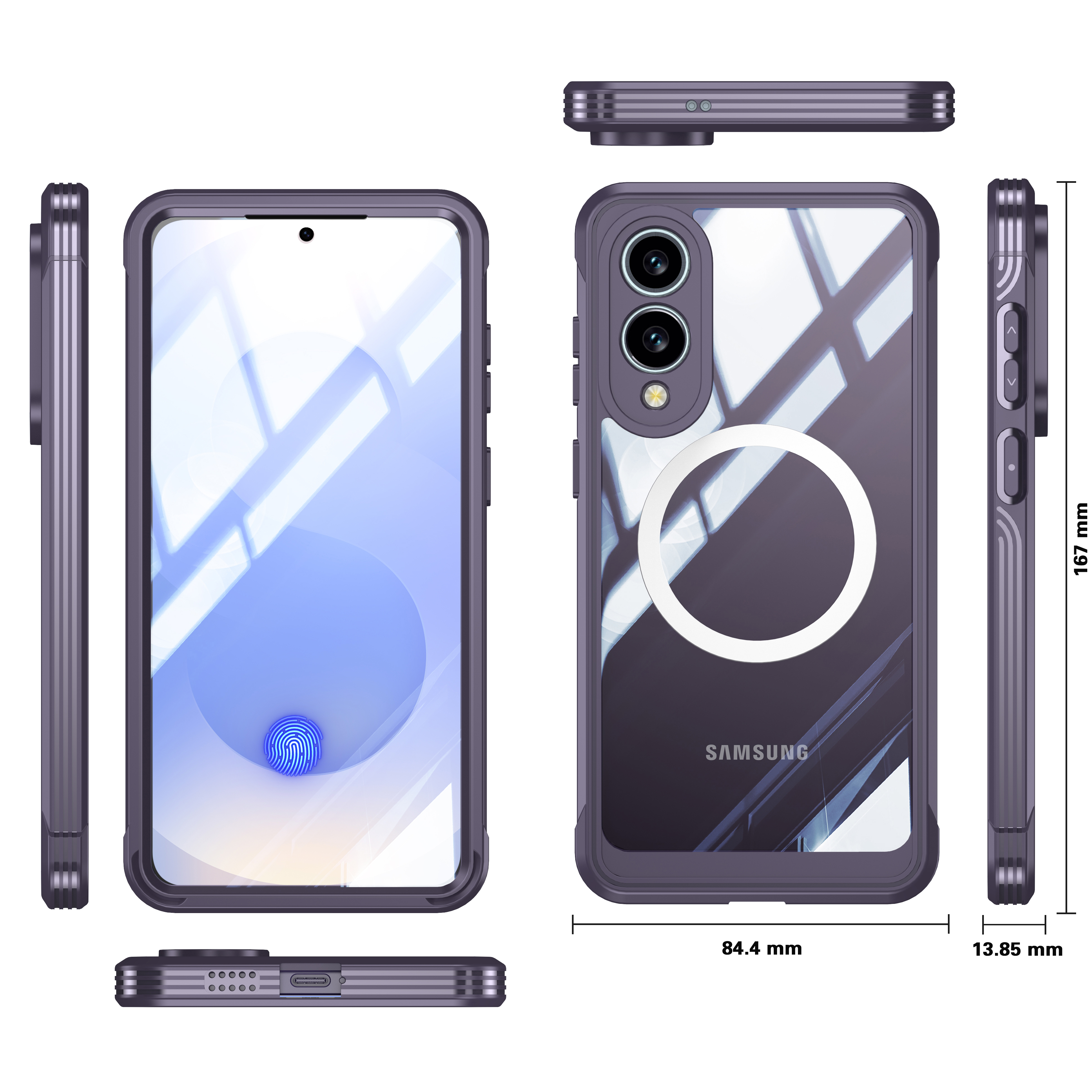 Custodia per telefono con dimensioni, viste da diverse angolazioni, retro trasparente e cornice viola.