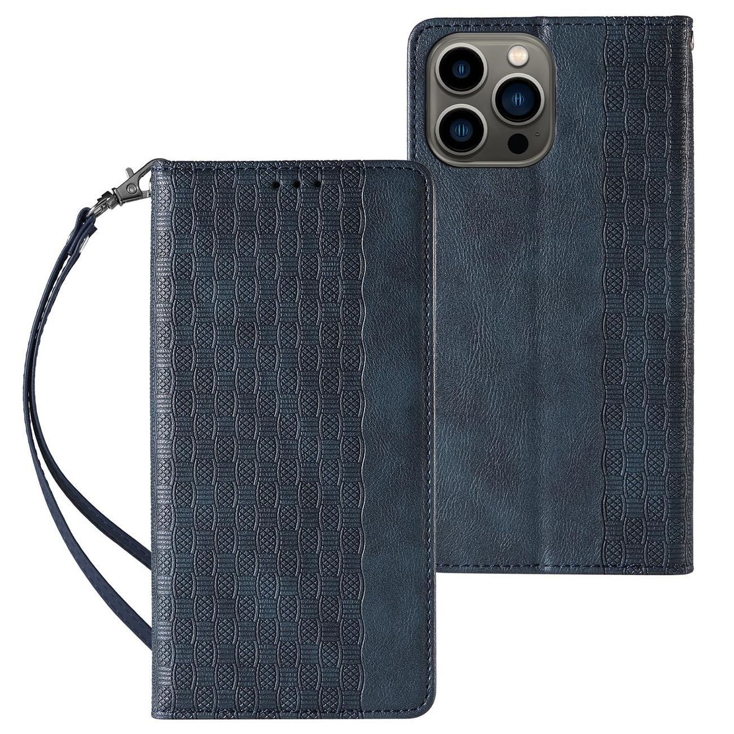 Una custodia per telefono in pelle blu con un design a motivi, aperta per rivelare un telefono.