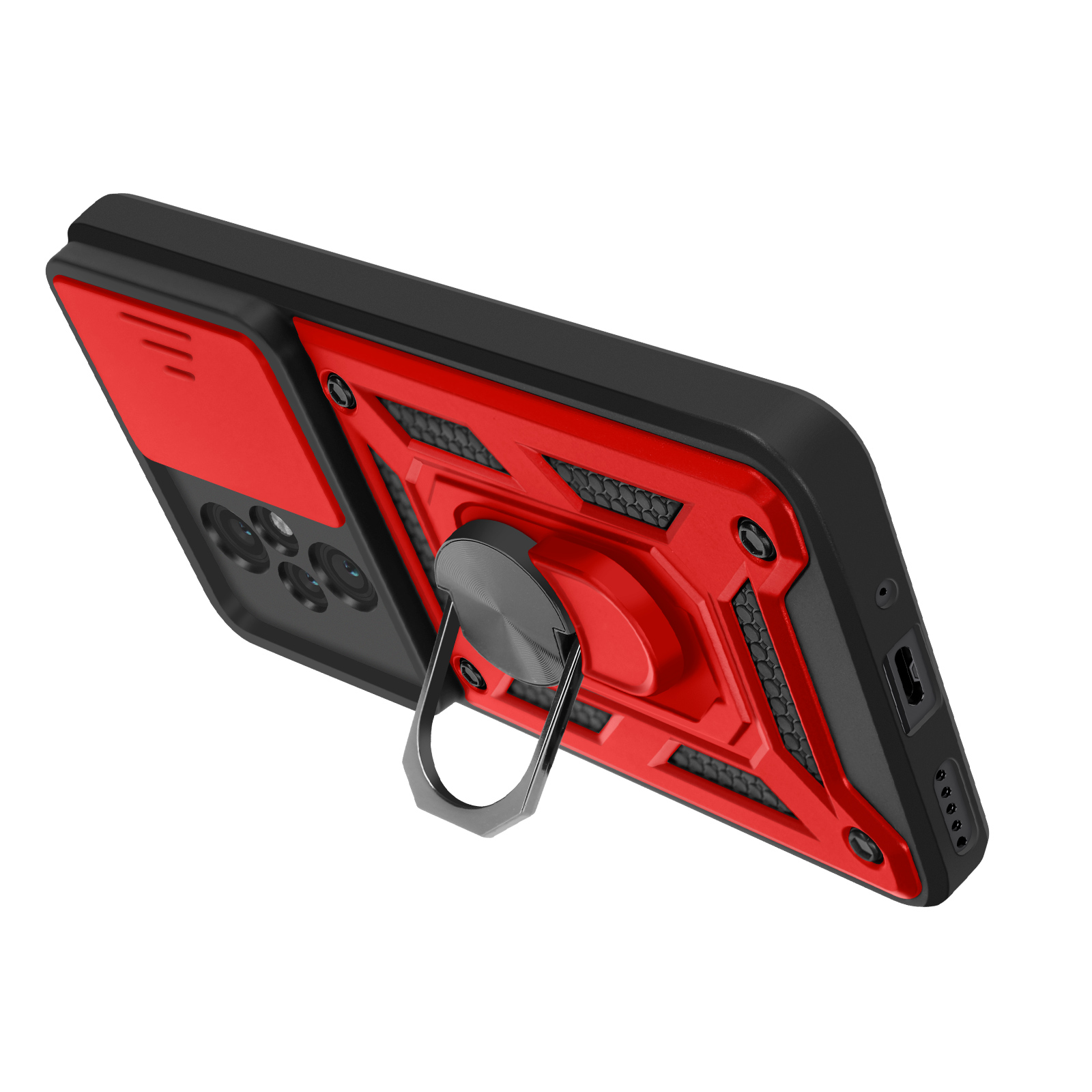 Custodia rossa e nera con anello e protezione fotocamera. Telefono angolato.