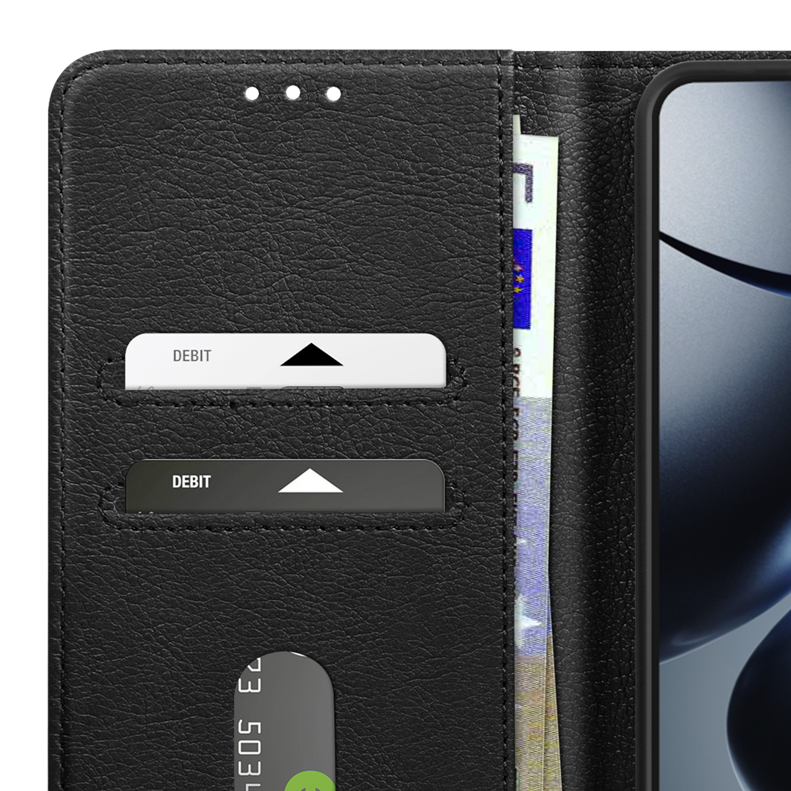 Custodia per telefono nera con carte di credito e denaro all'interno.