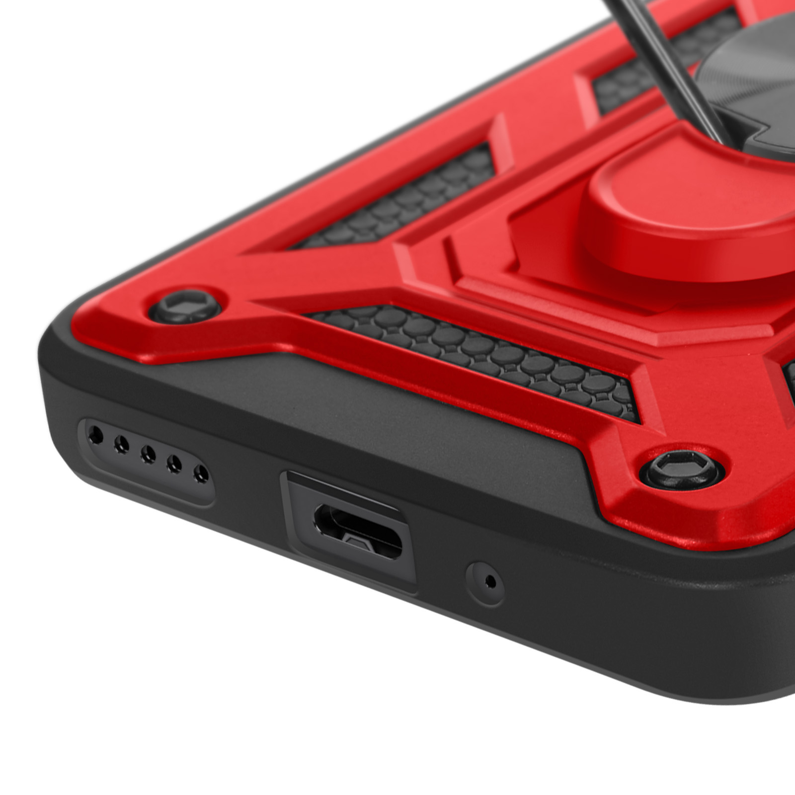 Primo piano di una custodia per telefono rossa e nera con supporto ad anello. Dettagli e porte neri visibili.