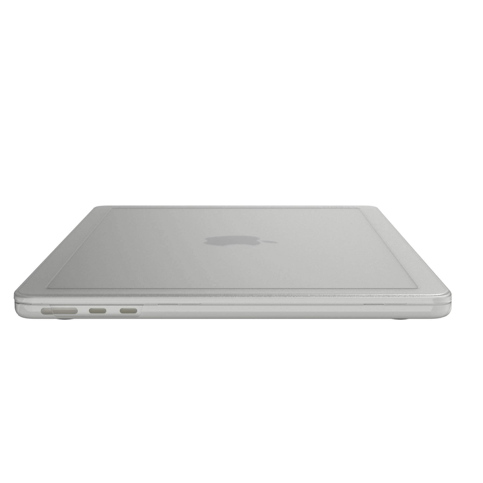 Vista laterale di un laptop argentato con il logo Apple. Il laptop è chiuso e su una superficie bianca.