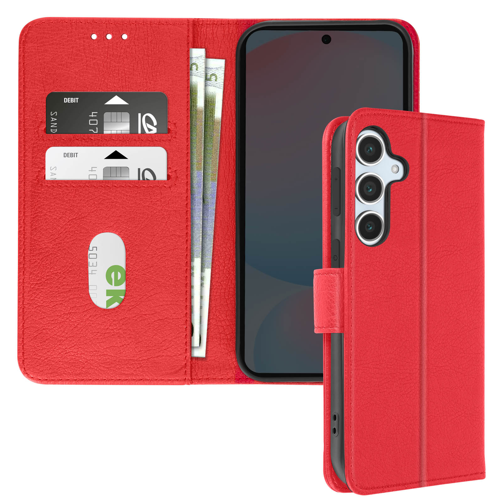 Custodia per telefono rossa aperta con soldi e carte. Un telefono è visibile. Un cinturino è a destra.