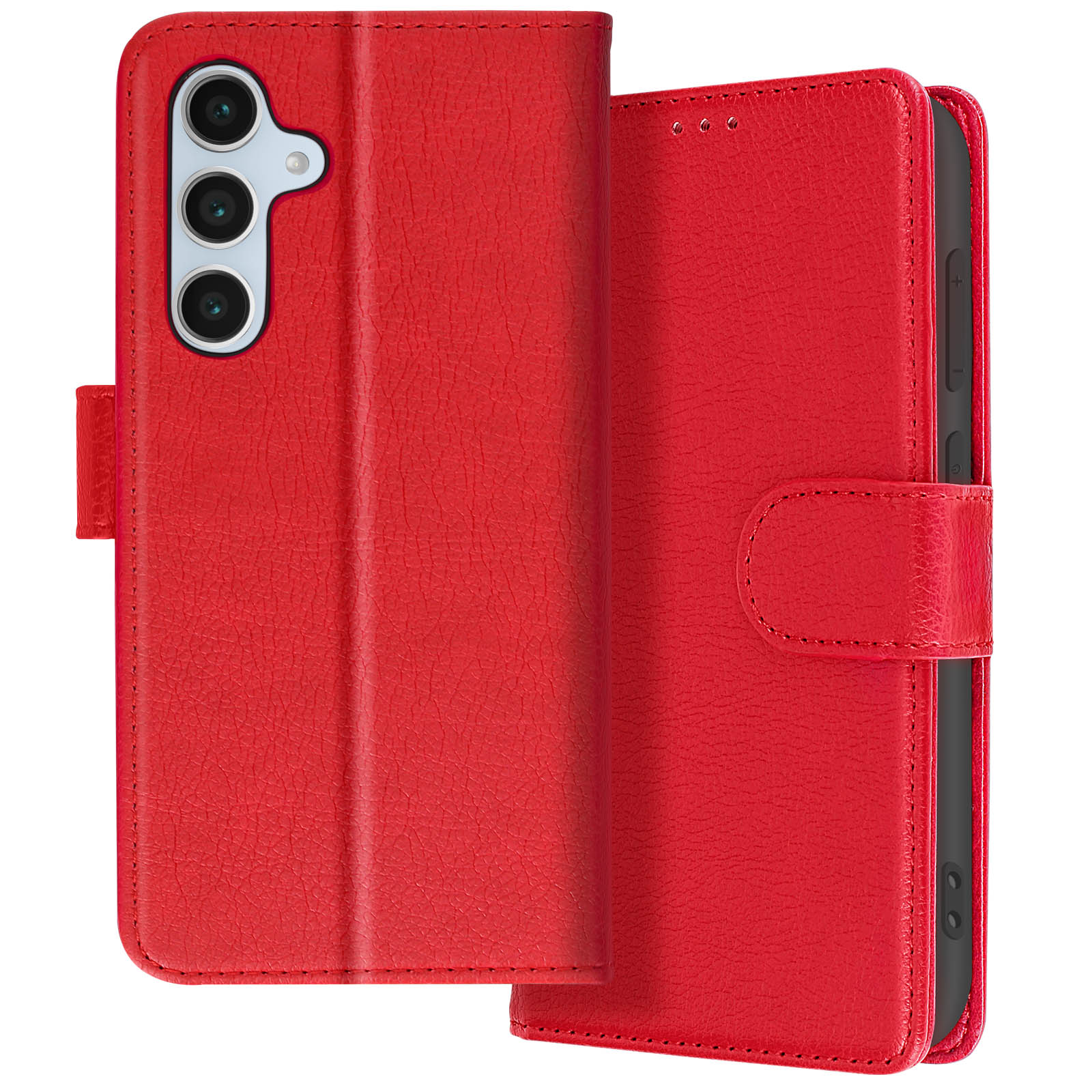 Custodia per telefono rossa, aperta e chiusa, con fori per fotocamera.