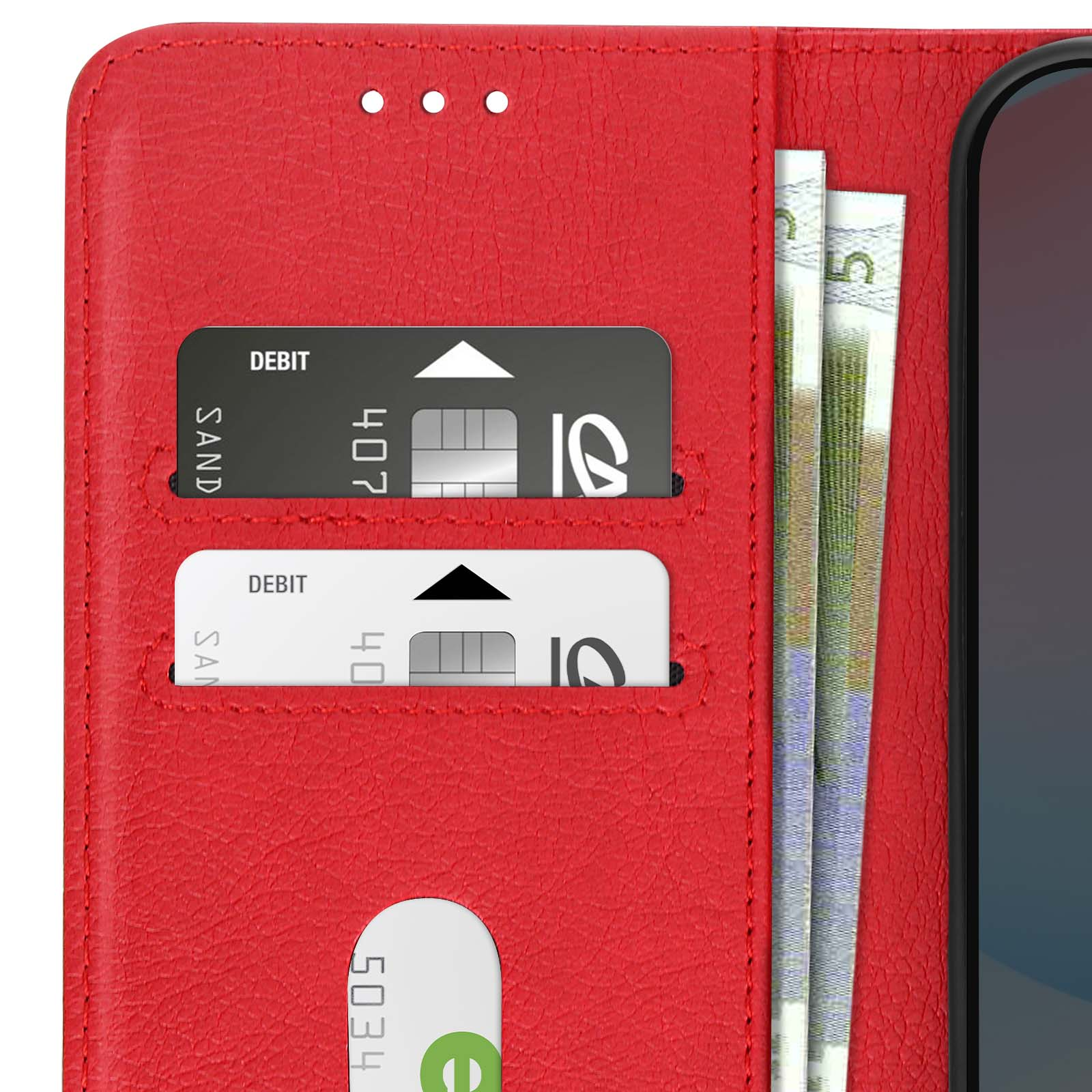 Primo piano di una custodia rossa per telefono con carte e denaro. Il telefono non è visibile.