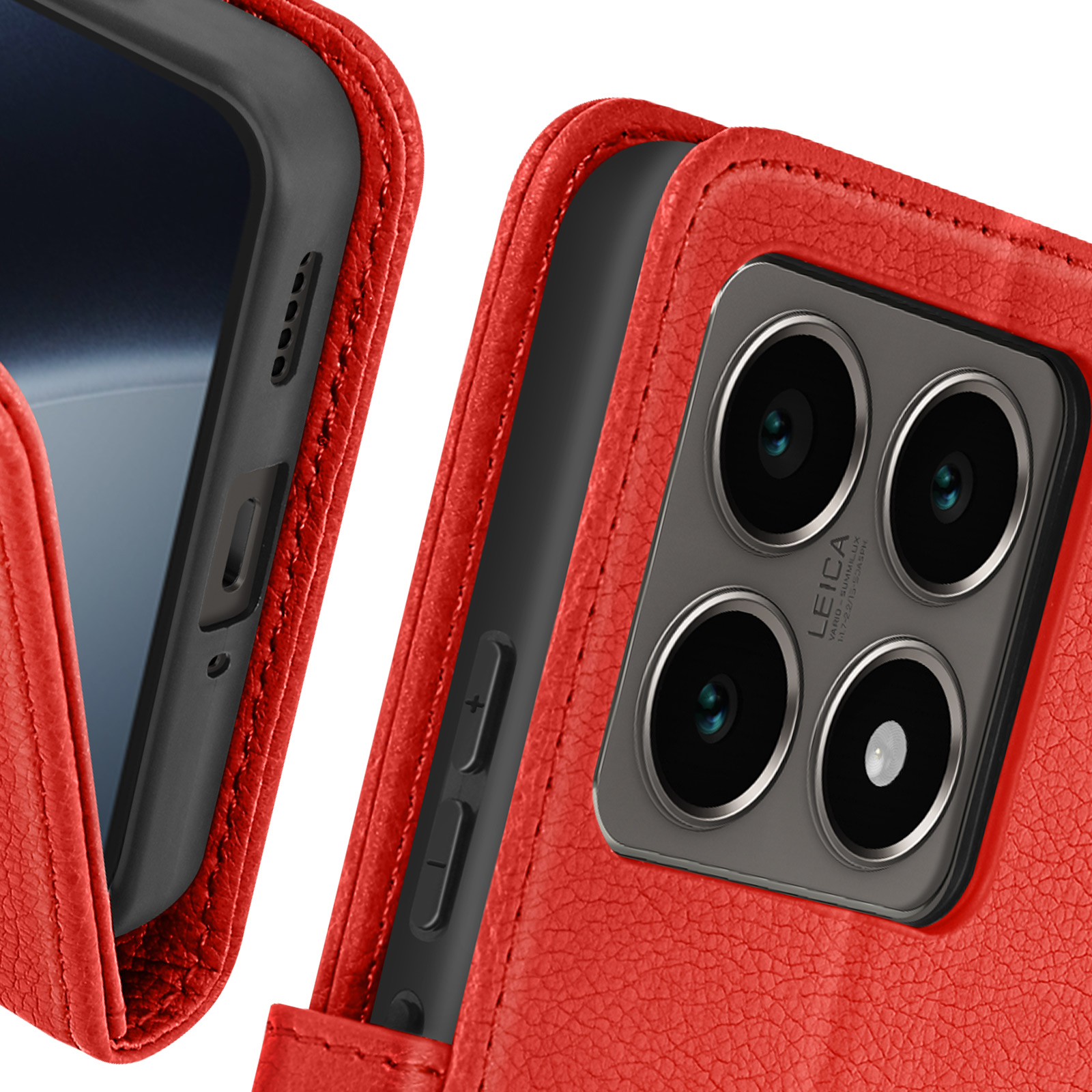 Primo piano di una custodia rossa con un telefono dentro. Il modulo fotocamera è visibile.