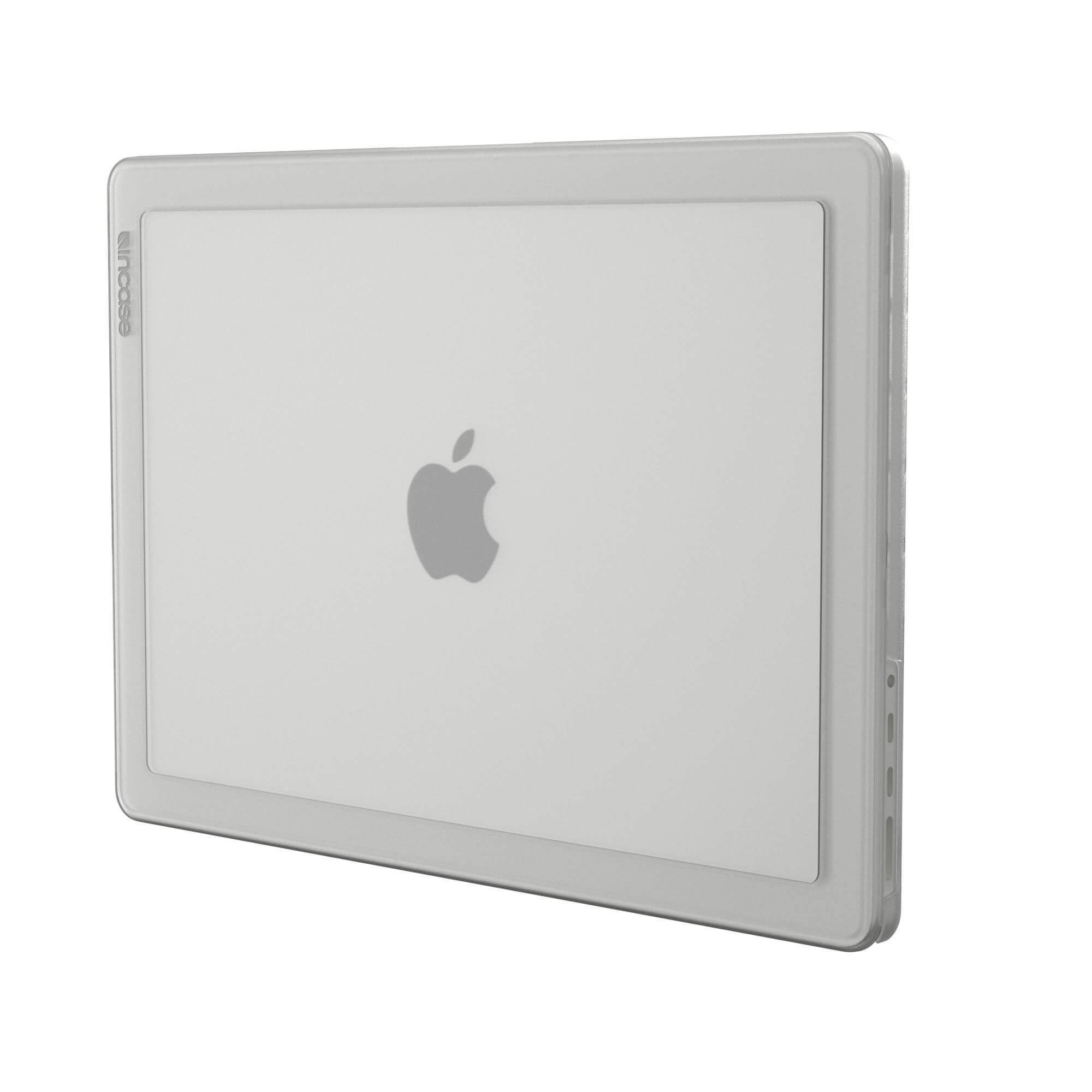 Una custodia bianca per laptop con logo Apple è mostrata ad angolo.