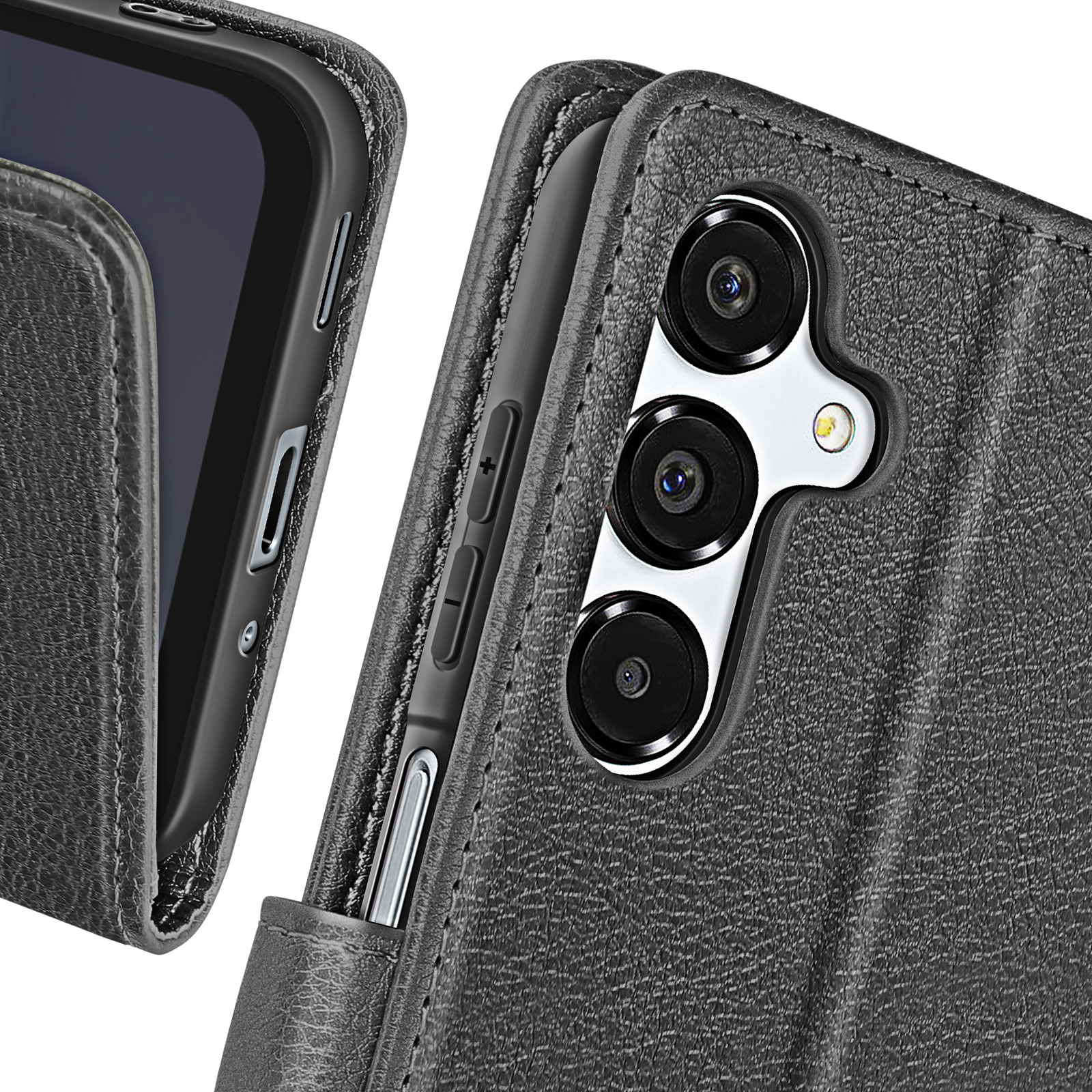 Custodia grigio scuro aperta, primo piano dell'area della fotocamera del telefono.
