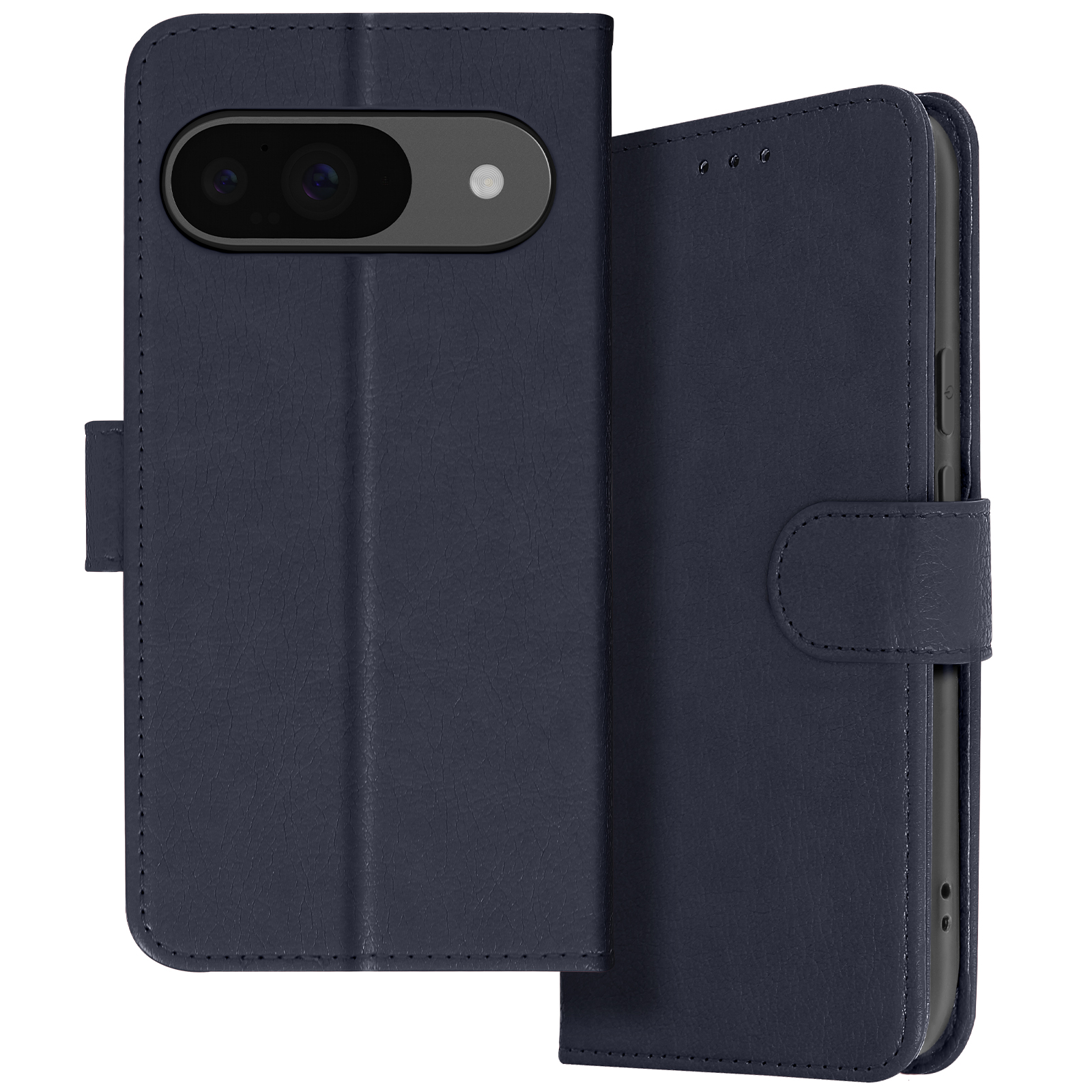 Custodia blu navy aperta, mostra telefono e fessure per carte.