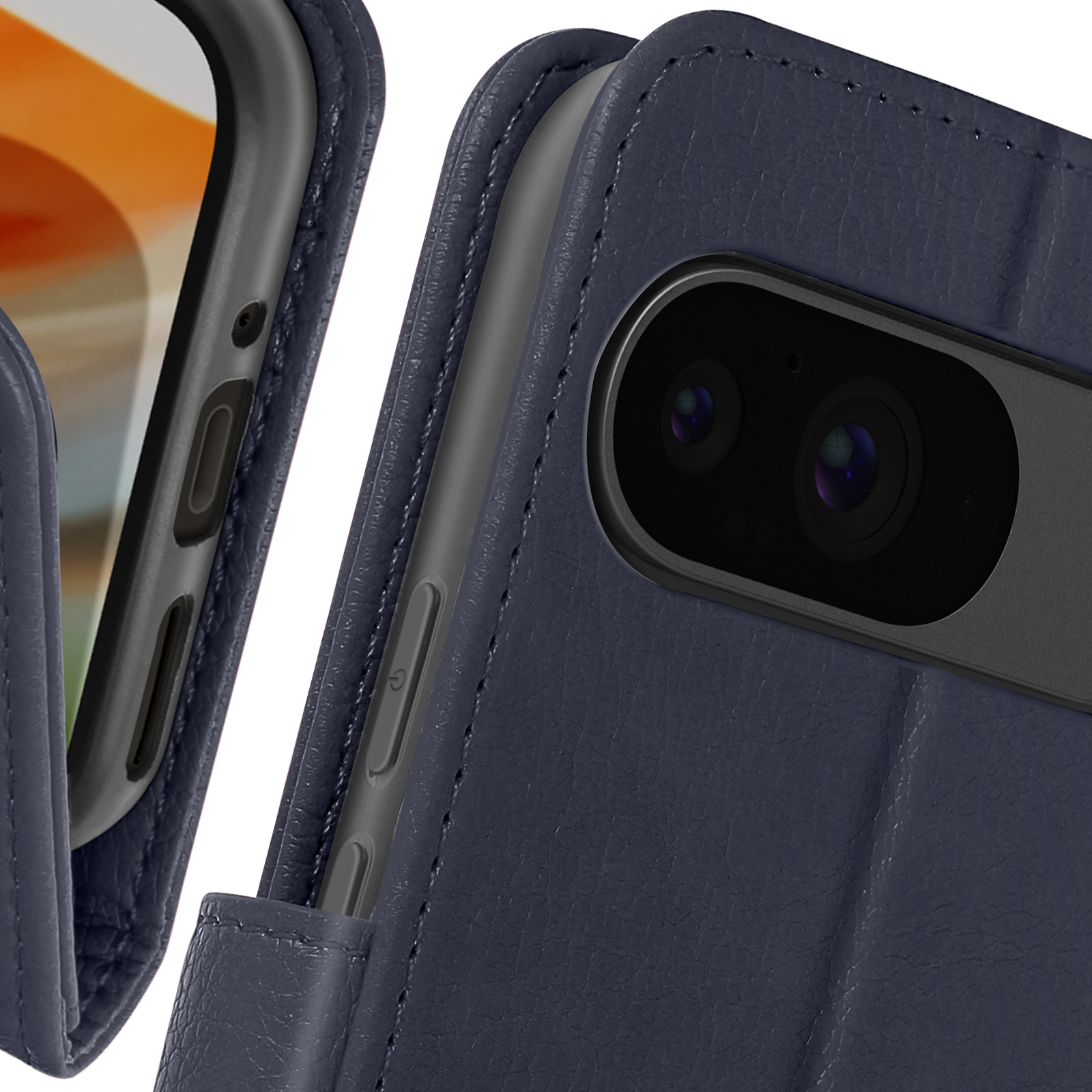 Custodia per telefono in pelle blu navy con un telefono all'interno. La custodia ha un pulsante laterale.