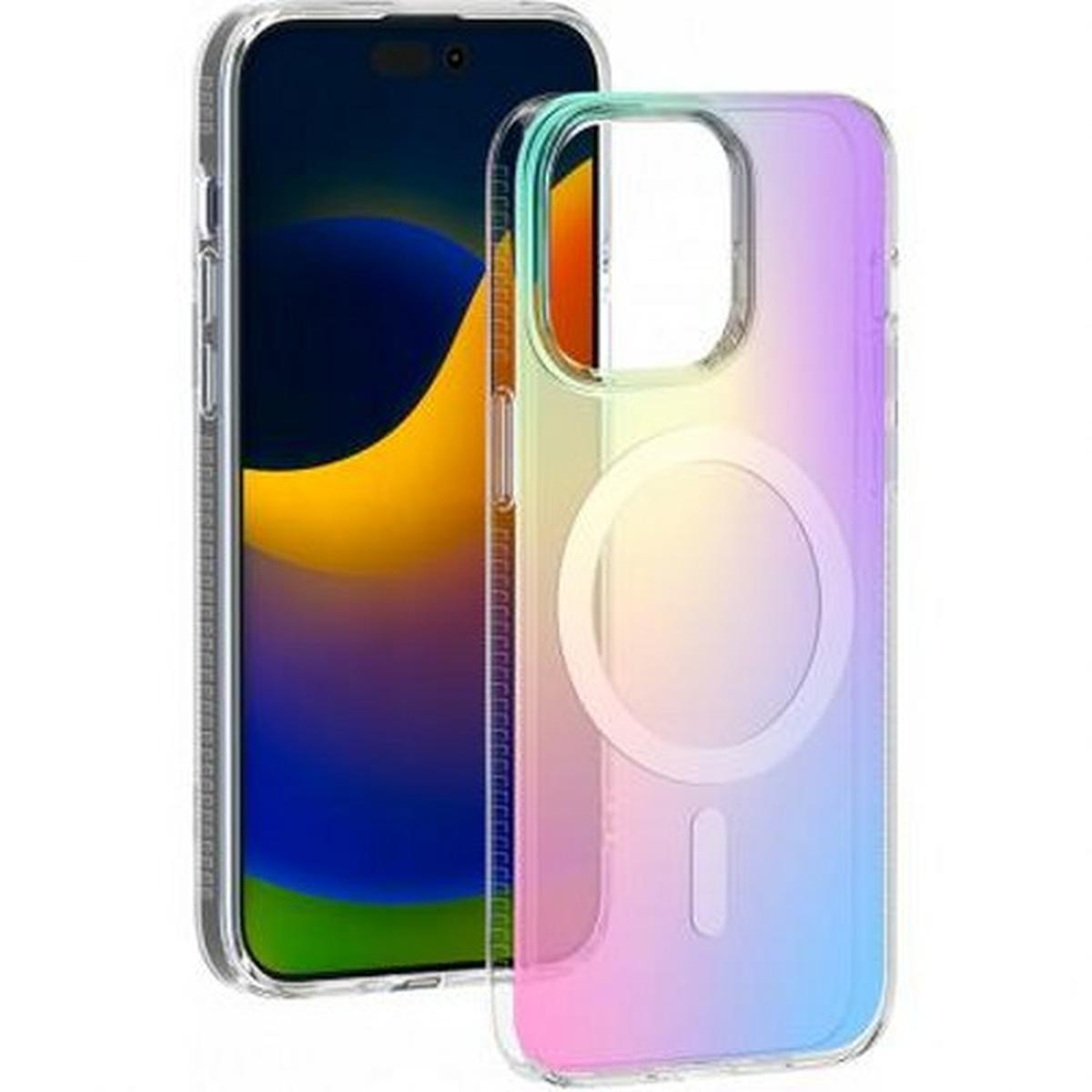 Custodia iridescente con retro trasparente e un telefono dentro.