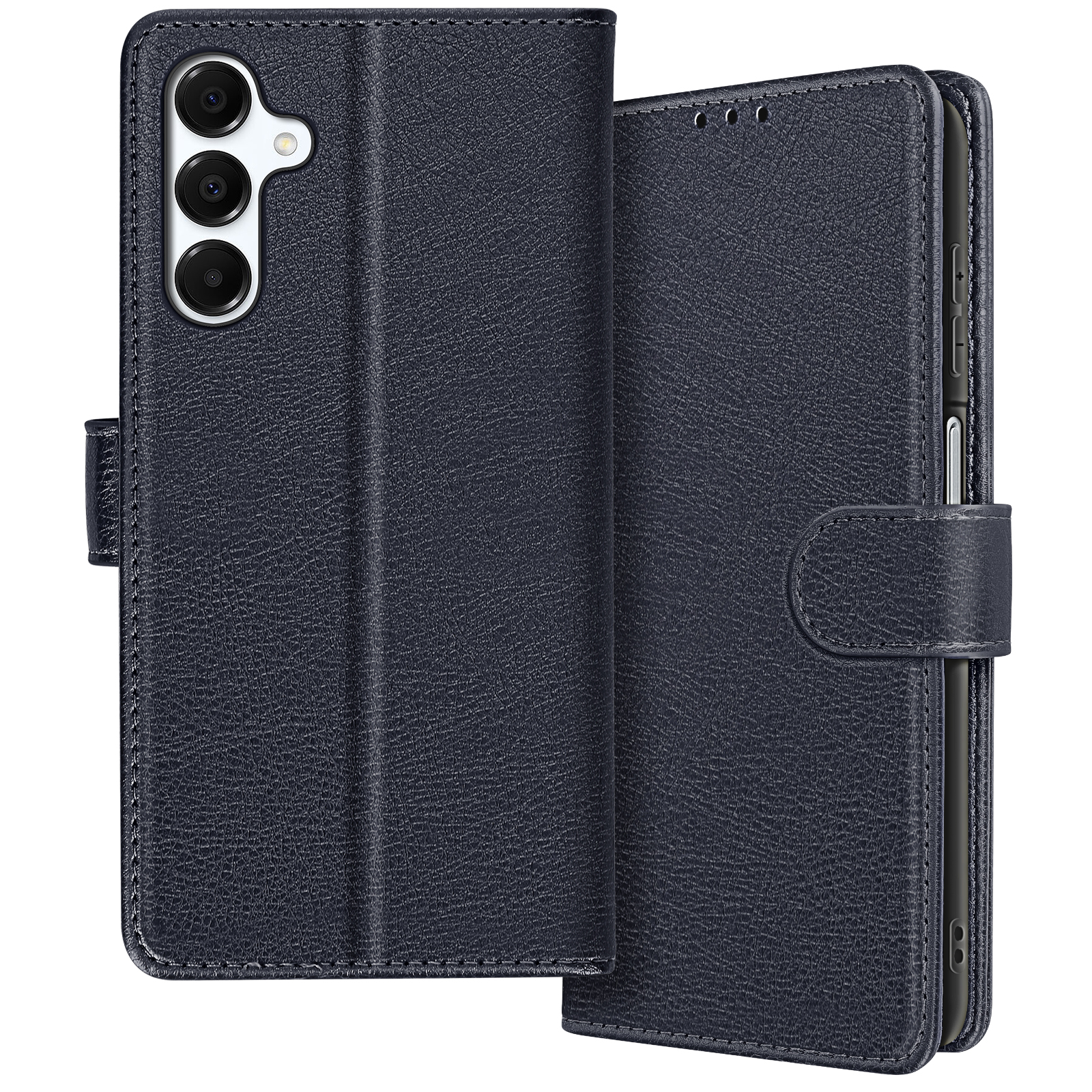 Una custodia blu navy con un telefono all'interno. La custodia è aperta. Sfondo bianco. Il telefono ha tre fotocamere.