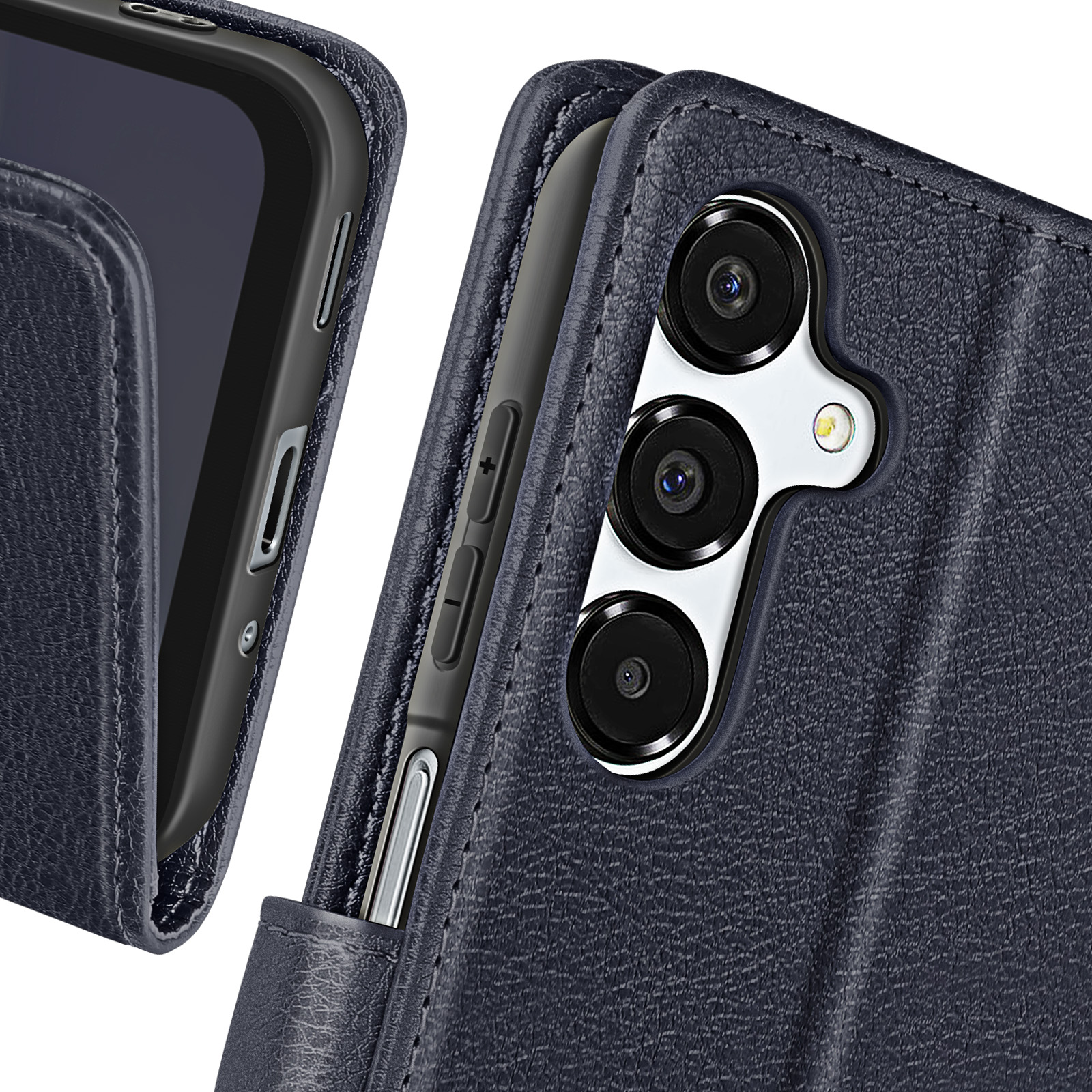 Custodia blu navy aperta, mostra fotocamera e pulsanti del telefono.