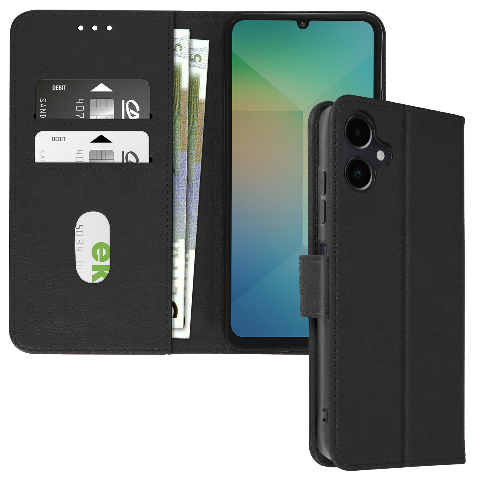Custodia nera aperta, rivela telefono, carte e denaro.