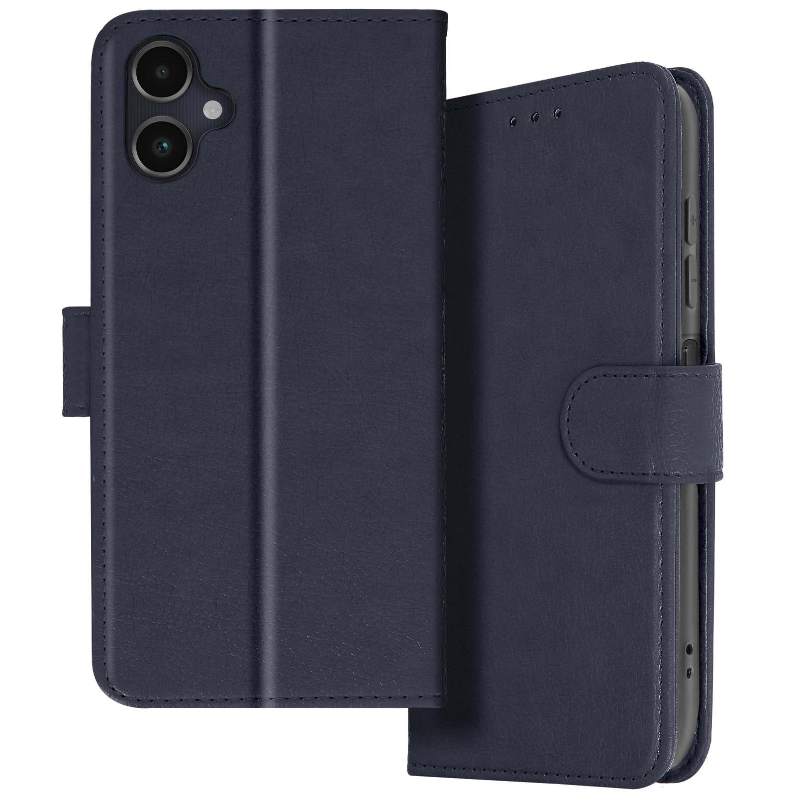 Custodia blu navy, chiusa. Sfondo bianco. Il telefono è all'interno della custodia. Tre fotocamere sul telefono.
