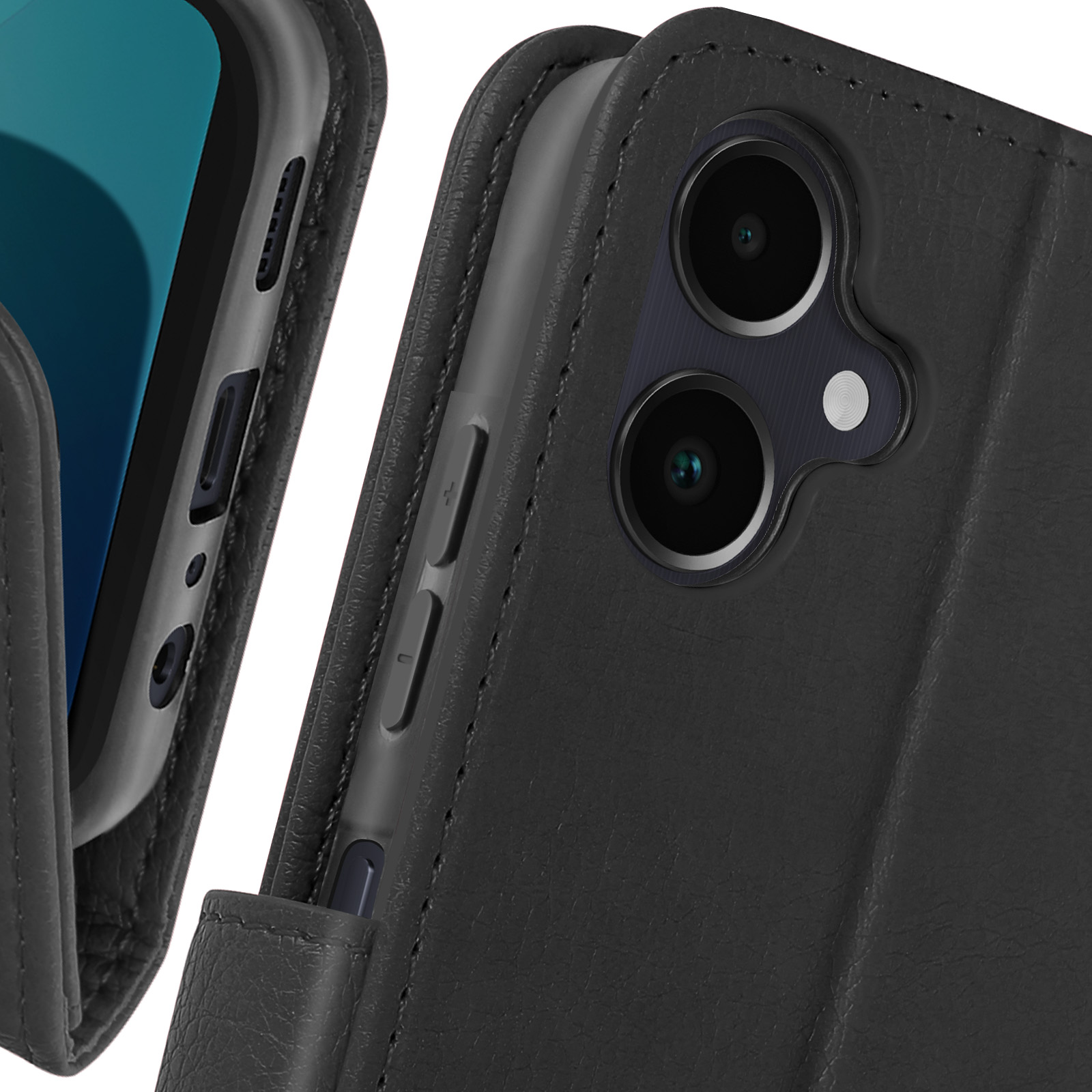 Custodia nera per telefono. Pulsanti, fotocamera e schermo del telefono visibili.