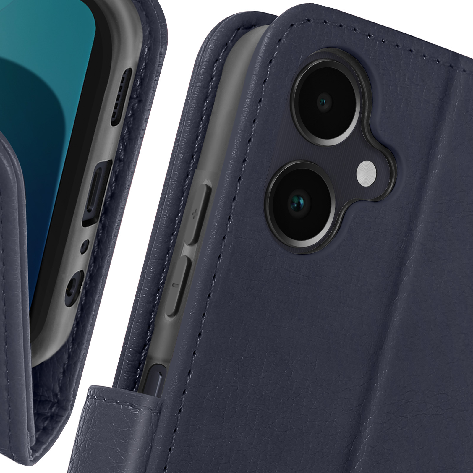 Primo piano di una custodia blu navy, che mostra il telefono e i pulsanti. Sfondo bianco. Il telefono è all'interno.