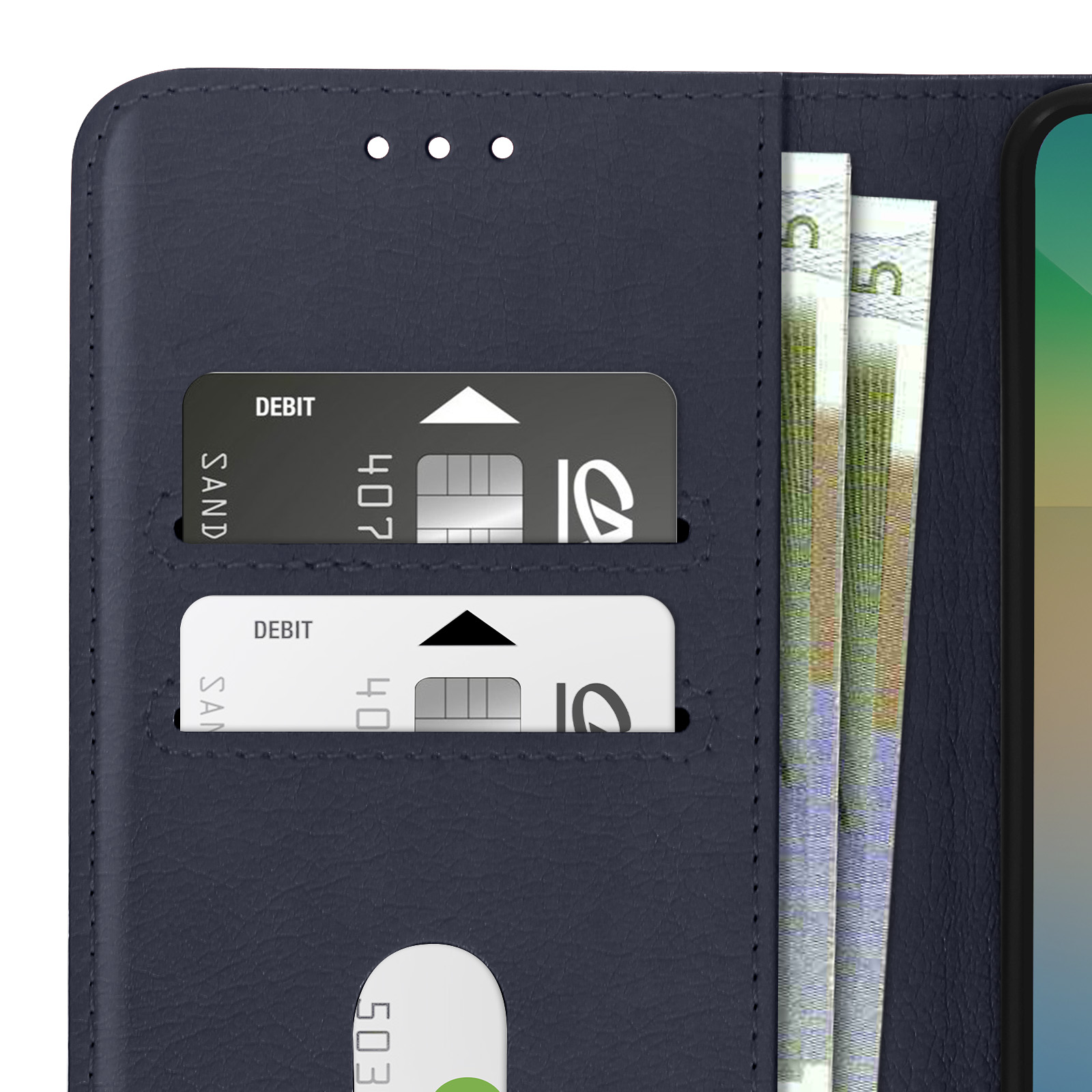 Custodia per telefono aperta con carte di debito e denaro all'interno.