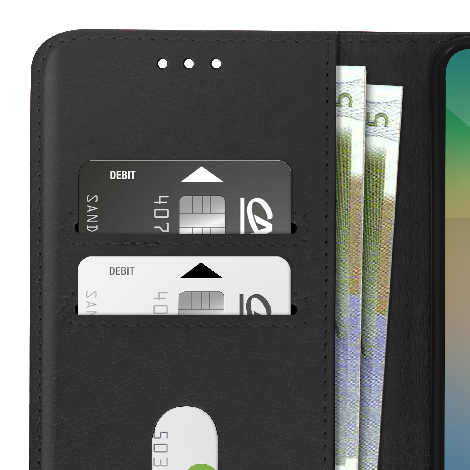 Custodia per telefono nera aperta con carte di debito e denaro visibili.