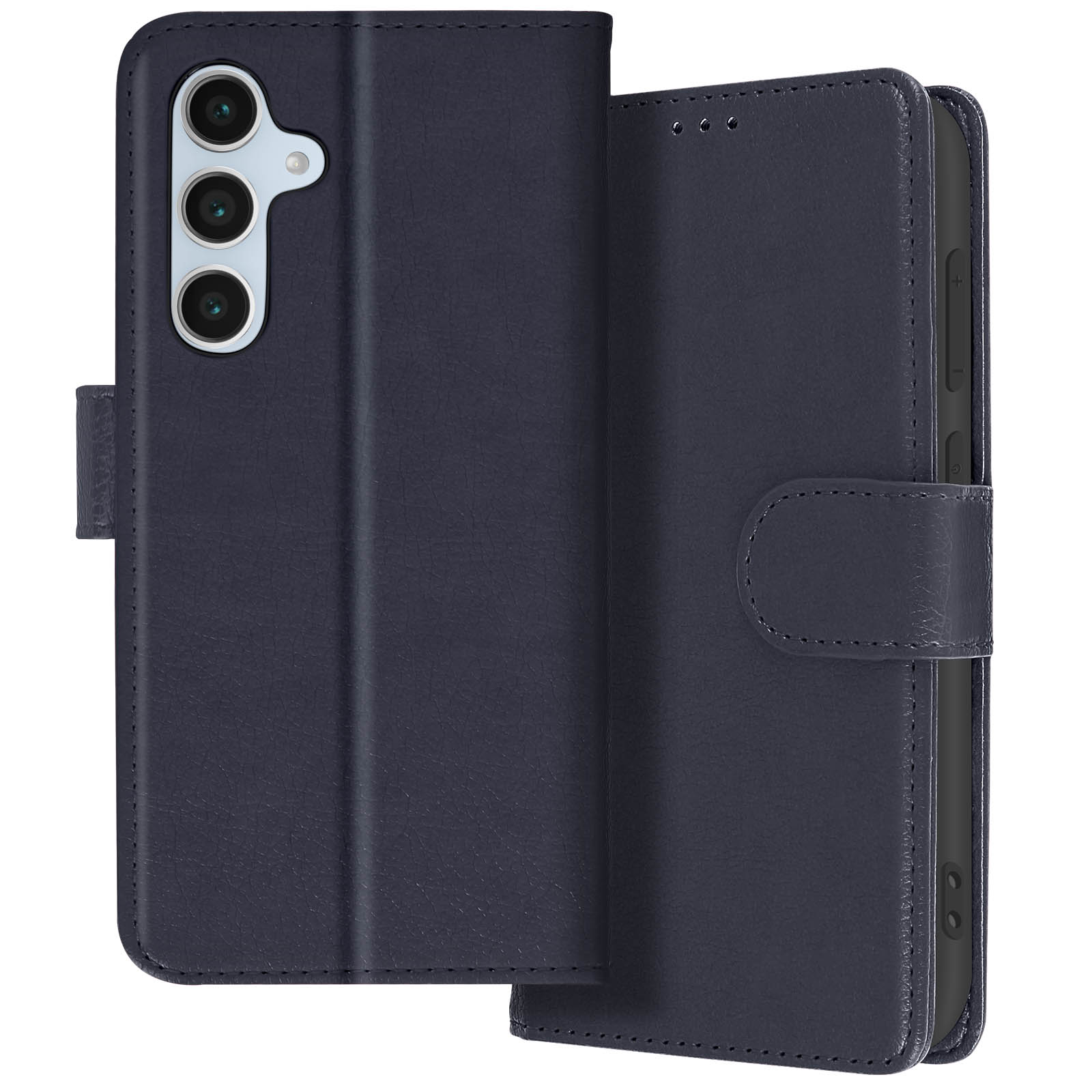 Custodia blu scuro aperta. Si vede il telefono e la sua tripla fotocamera.