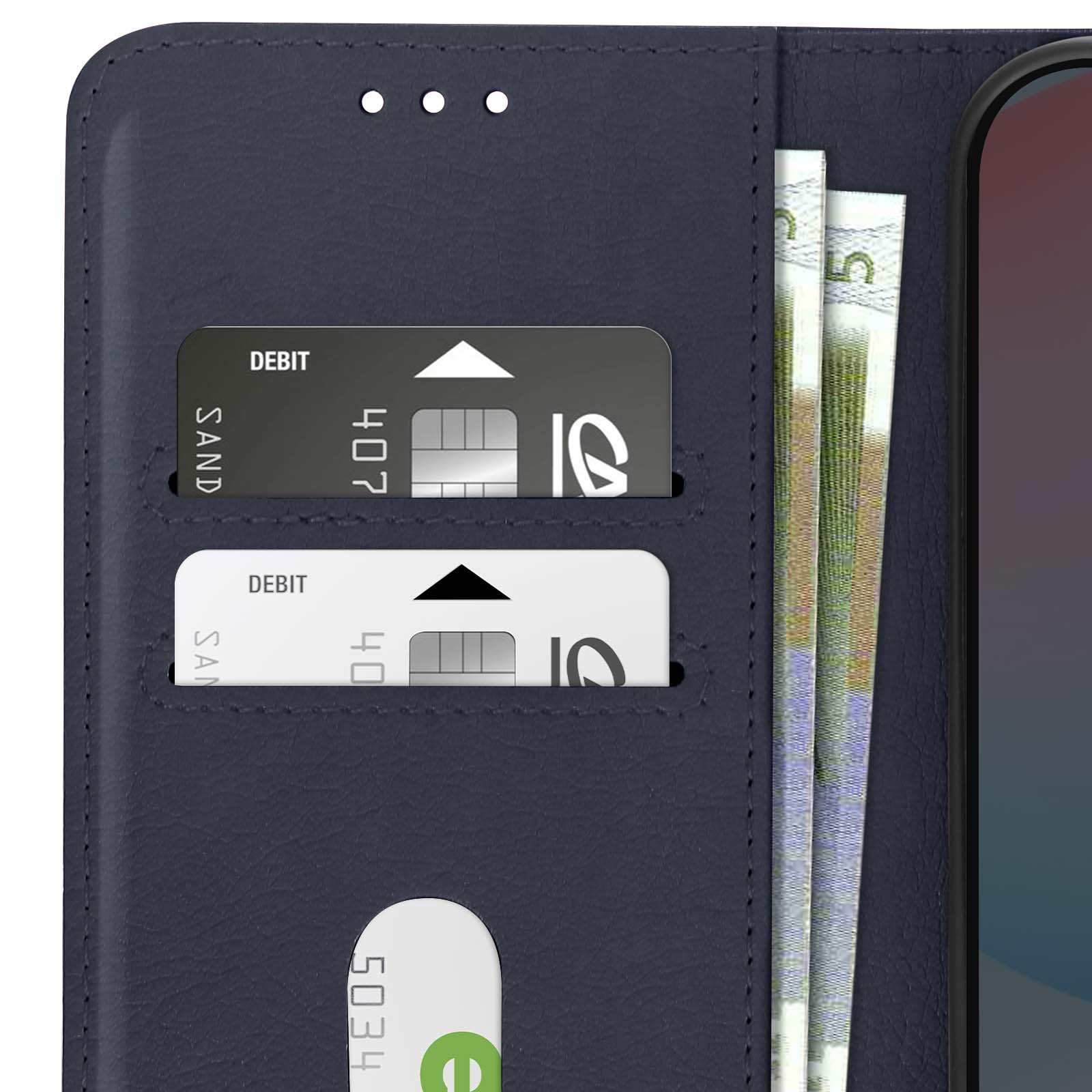Custodia blu scuro aperta con carte di debito e denaro visibili.