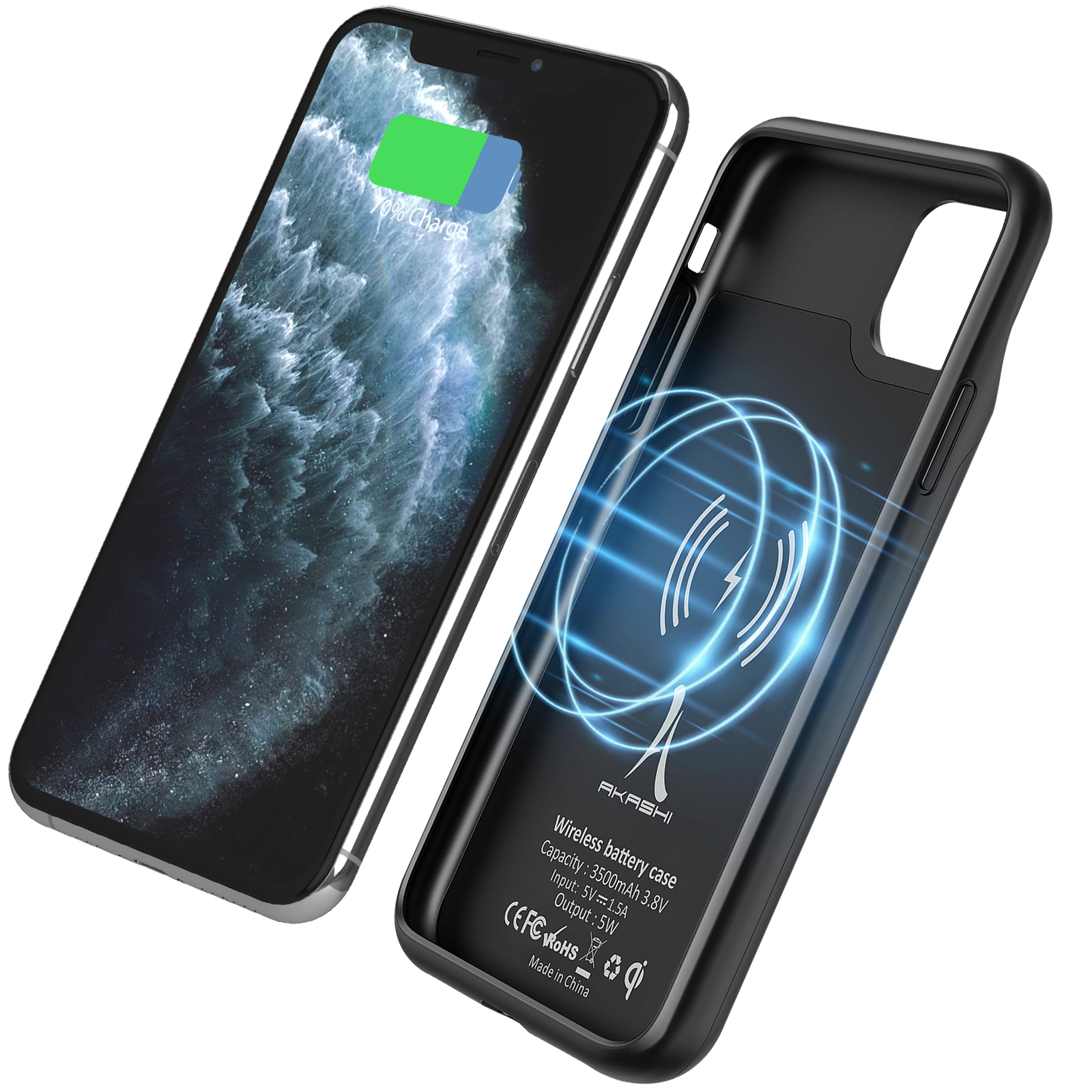 Telefono nero con custodia di ricarica wireless. Il telefono mostra la ricarica.