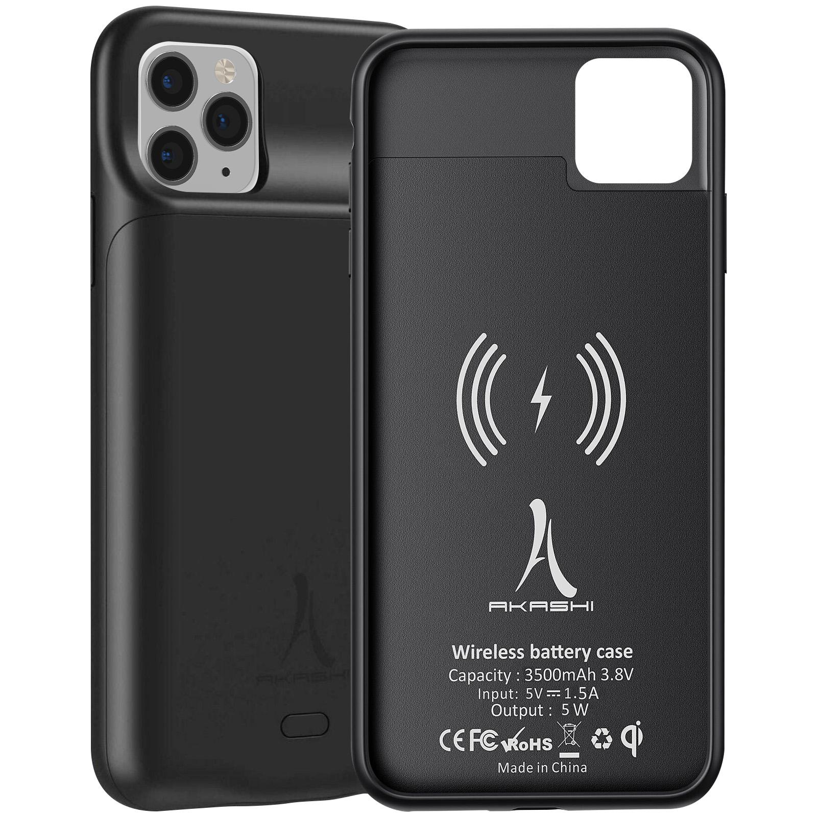 Custodia nera per telefono con simbolo di ricarica wireless e specifiche.