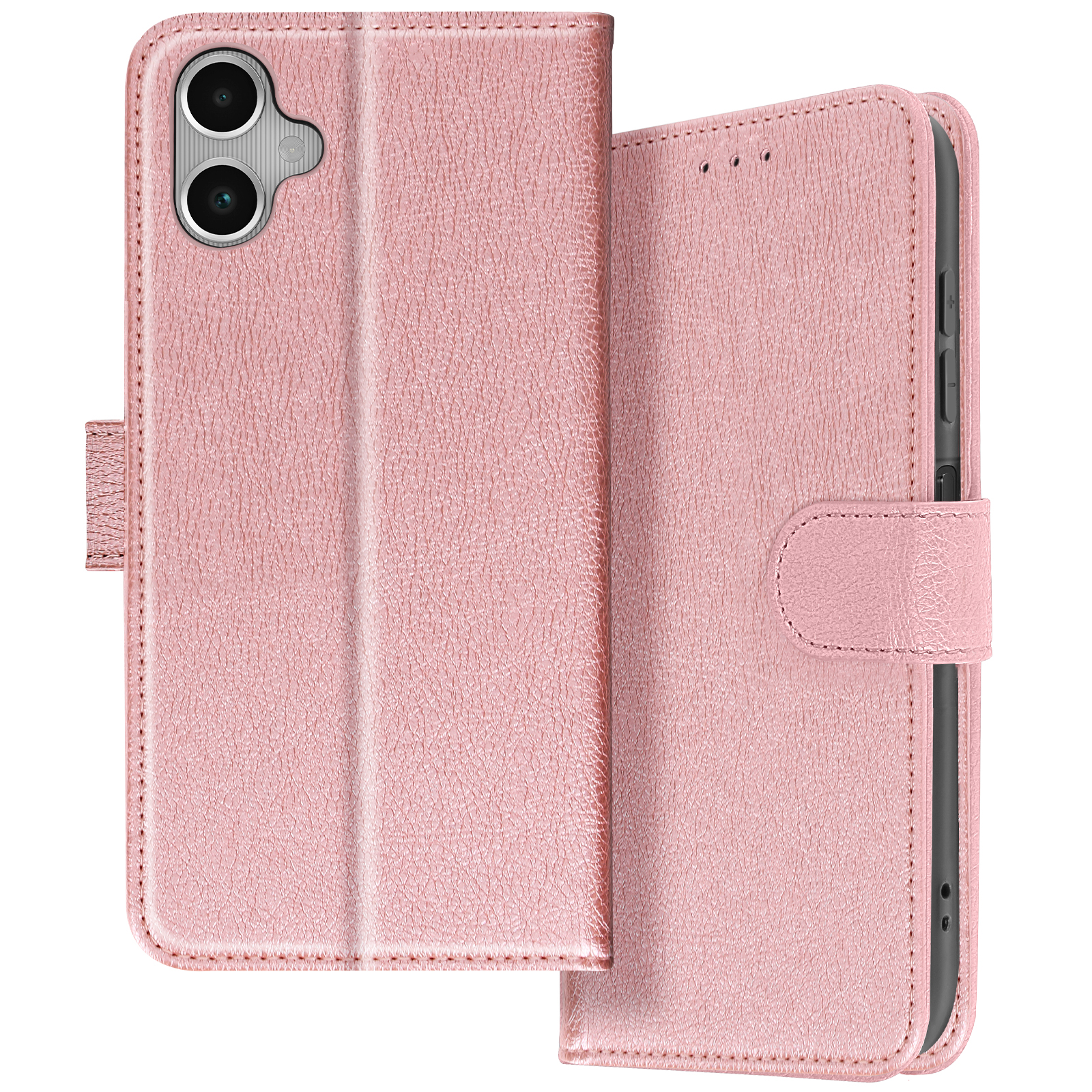 Custodia in pelle rosa per telefono, chiusa e aperta, con chiusura magnetica.