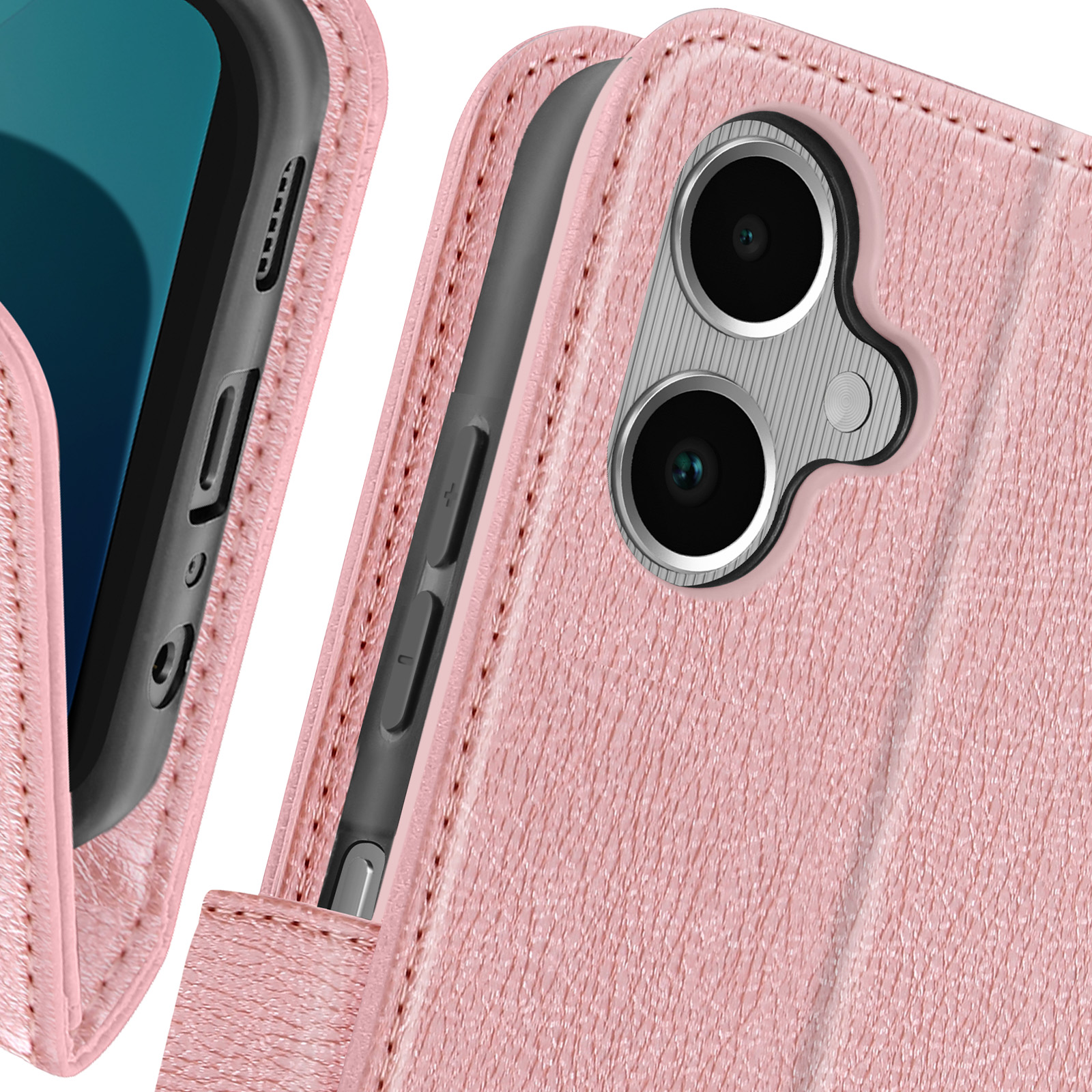 Custodia rosa per telefono, primo piano della fotocamera e dei pulsanti. La custodia è aperta.